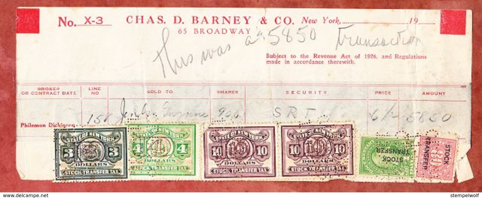 Chas D Barney & Co New York, U S Revenue Tax 1926 (55097) - Timbri Generalità