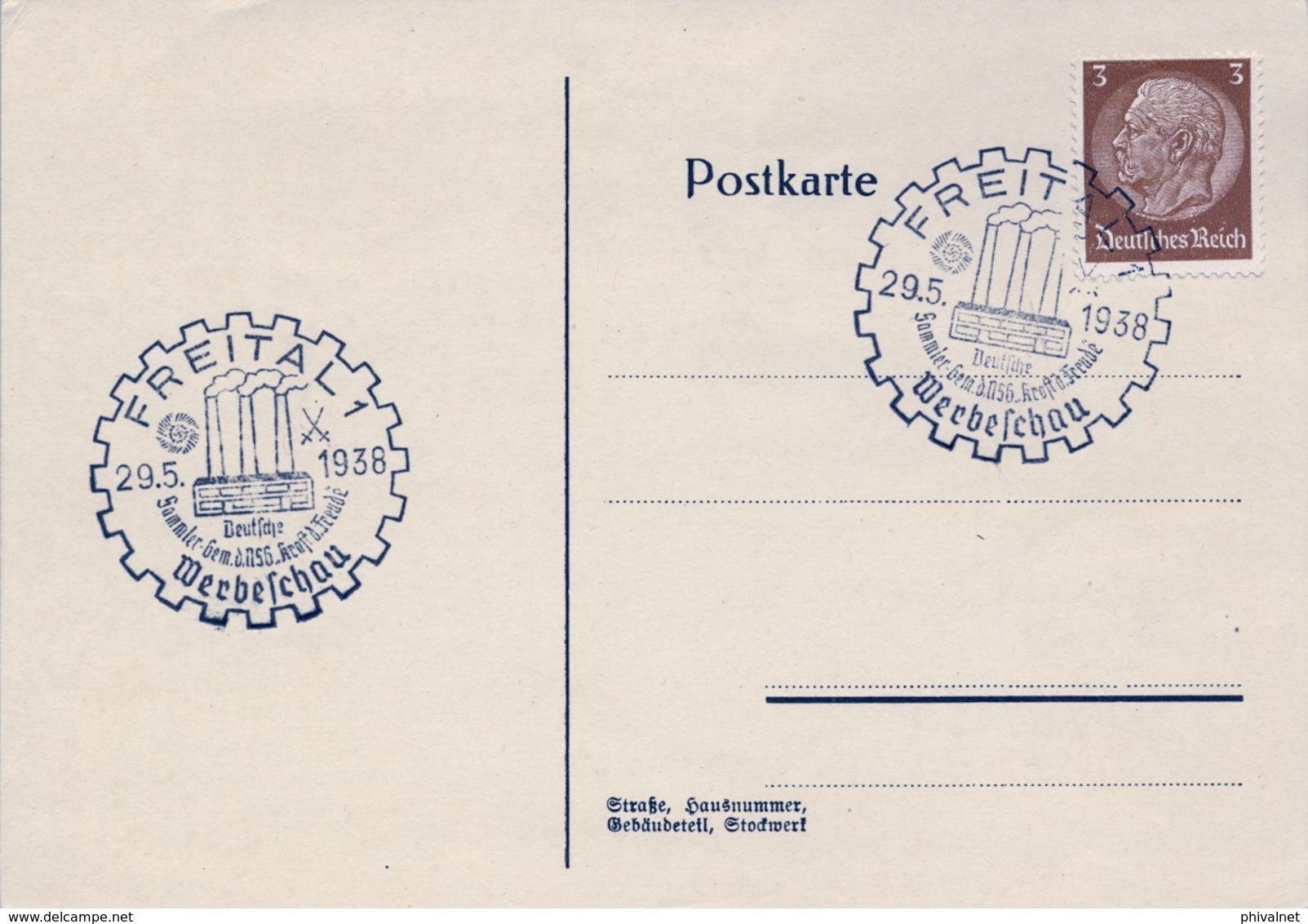 1938 , ALEMANIA , TARJETA POSTAL CON MATASELLOS DE FAVOR , FREITAL , PROPAGANDA DEL REICH - Briefe U. Dokumente