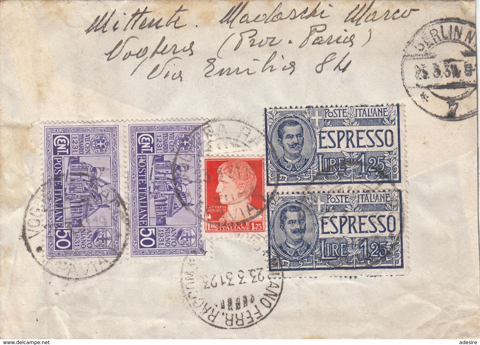 ITALIEN 1931 - 2x50 C + 2x1,25 L Espresso + 1,75 L Auf R-Brief VOGHERA > BERLINO - Posta Espresso