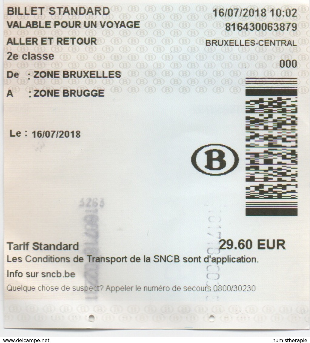 Ticket De Train : Bruxelles-Bruges 16/07/2018 Aller-Retour 29.60 EUR - Europa