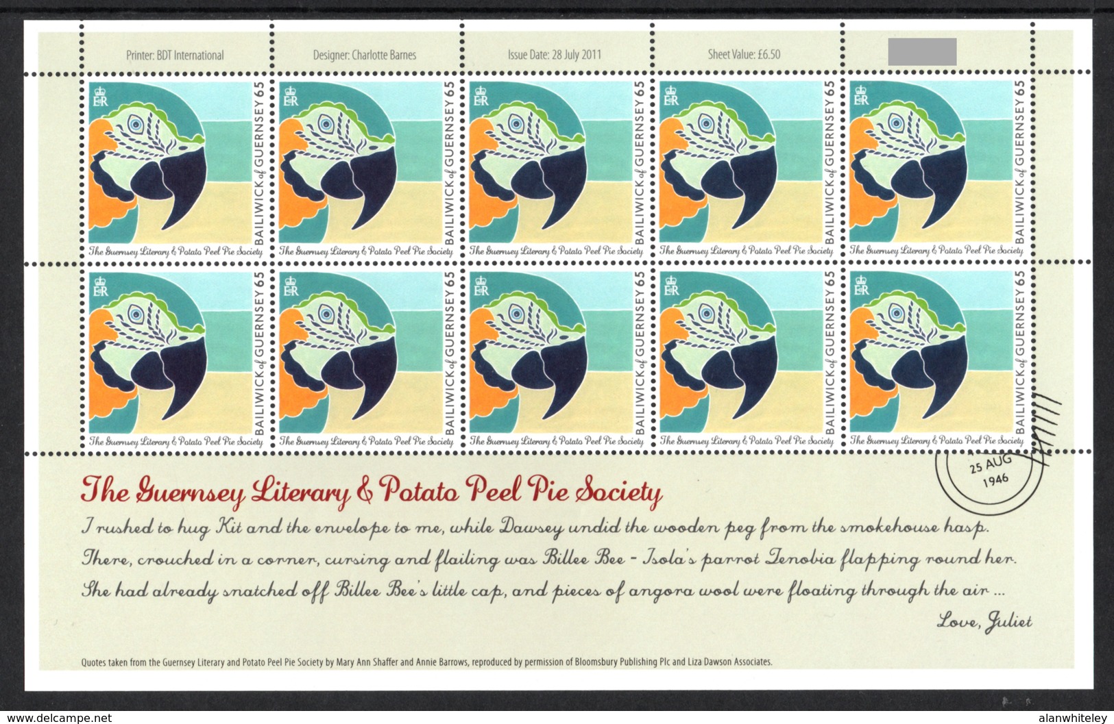 GUERNSEY 2011 Guernsey Literary & Potato Peel Pie Society: Set of 6 Sheets UM/MNH