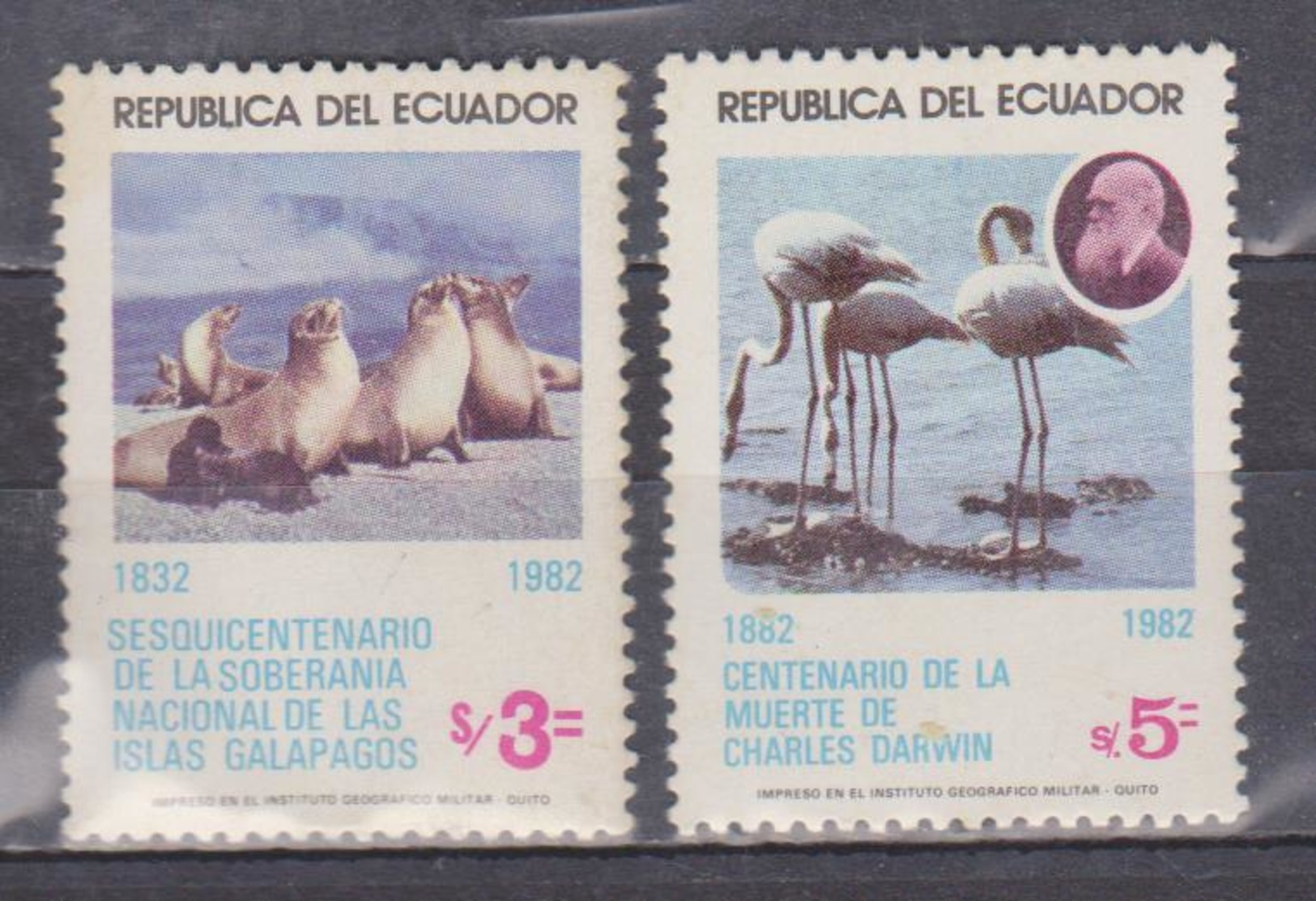 ECUADOR 1983 NATIONAL RULE OVER GALAPAGOS ISLANDS 150TH ANNIVERSARY SEA LION FLAMINGO & CH. DARWIN MNH SC# 1031-1033 - Equateur