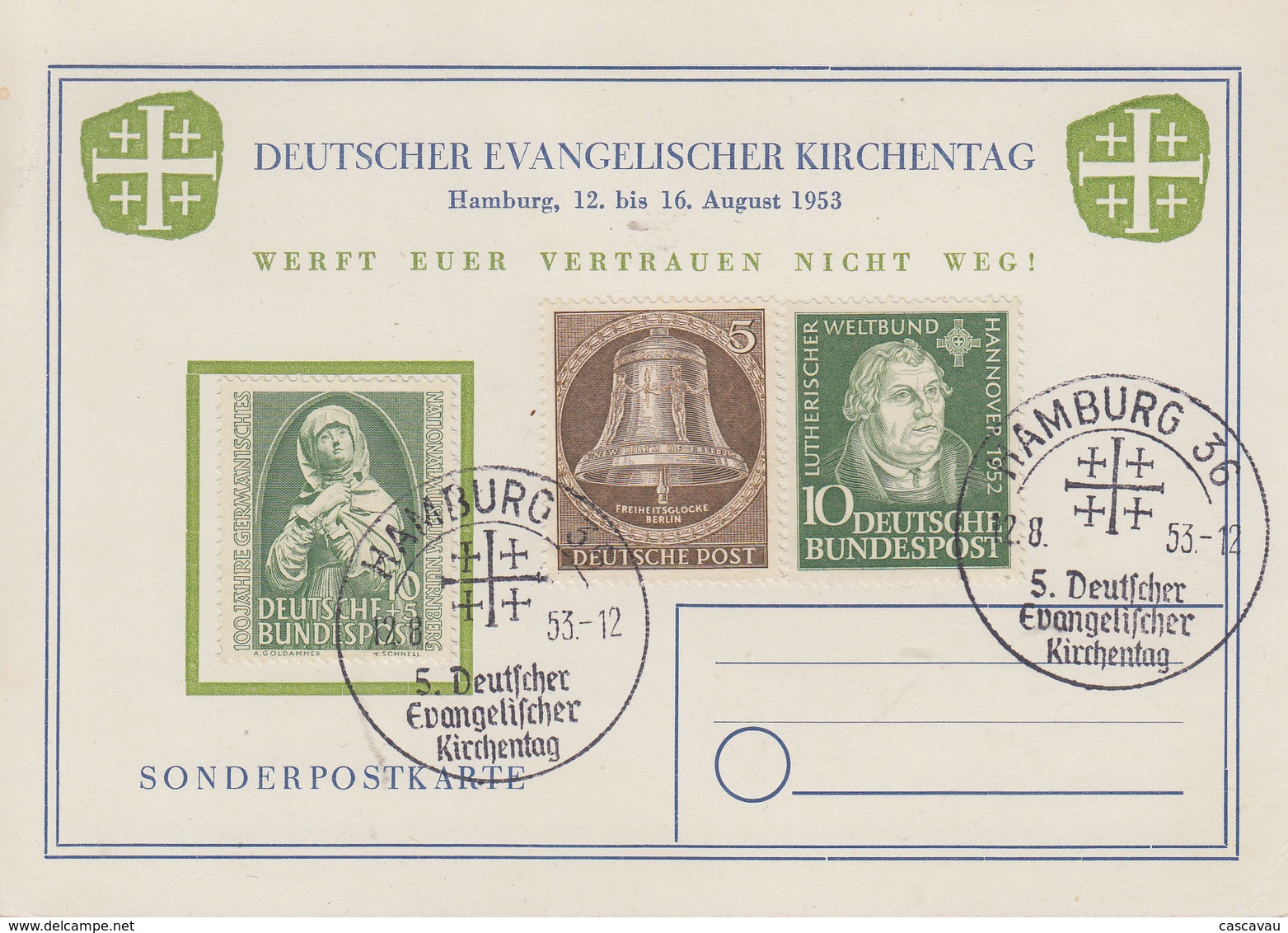 Carte   ALLEMAGNE   Journée  De  L' Eglise  Evangélique  Allemande   HAMBURG   1953 - Lettres & Documents