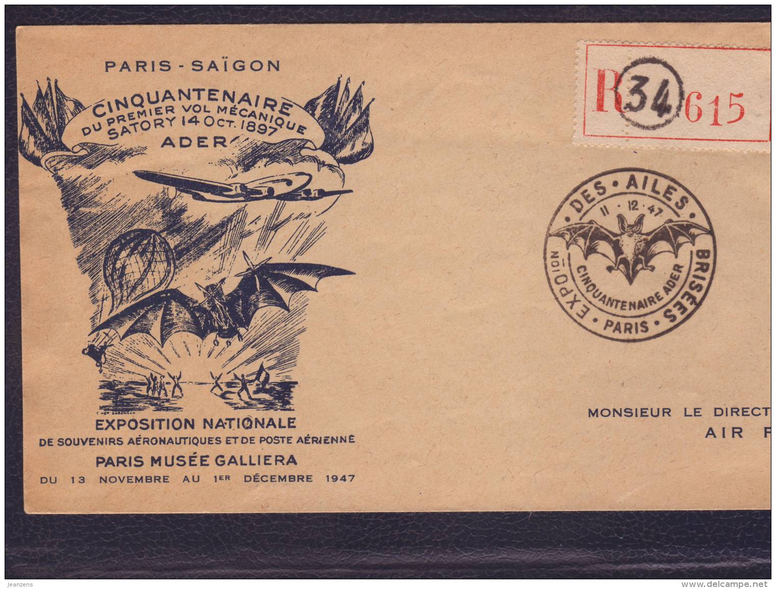 Lettre Recommandée 615 Obl. Paris Expo Des Ailes Brisées  11.12.1947 Affr Marianne De Gandon+ Arc De Triomphe  -&gt; Saï - Cachets Commémoratifs