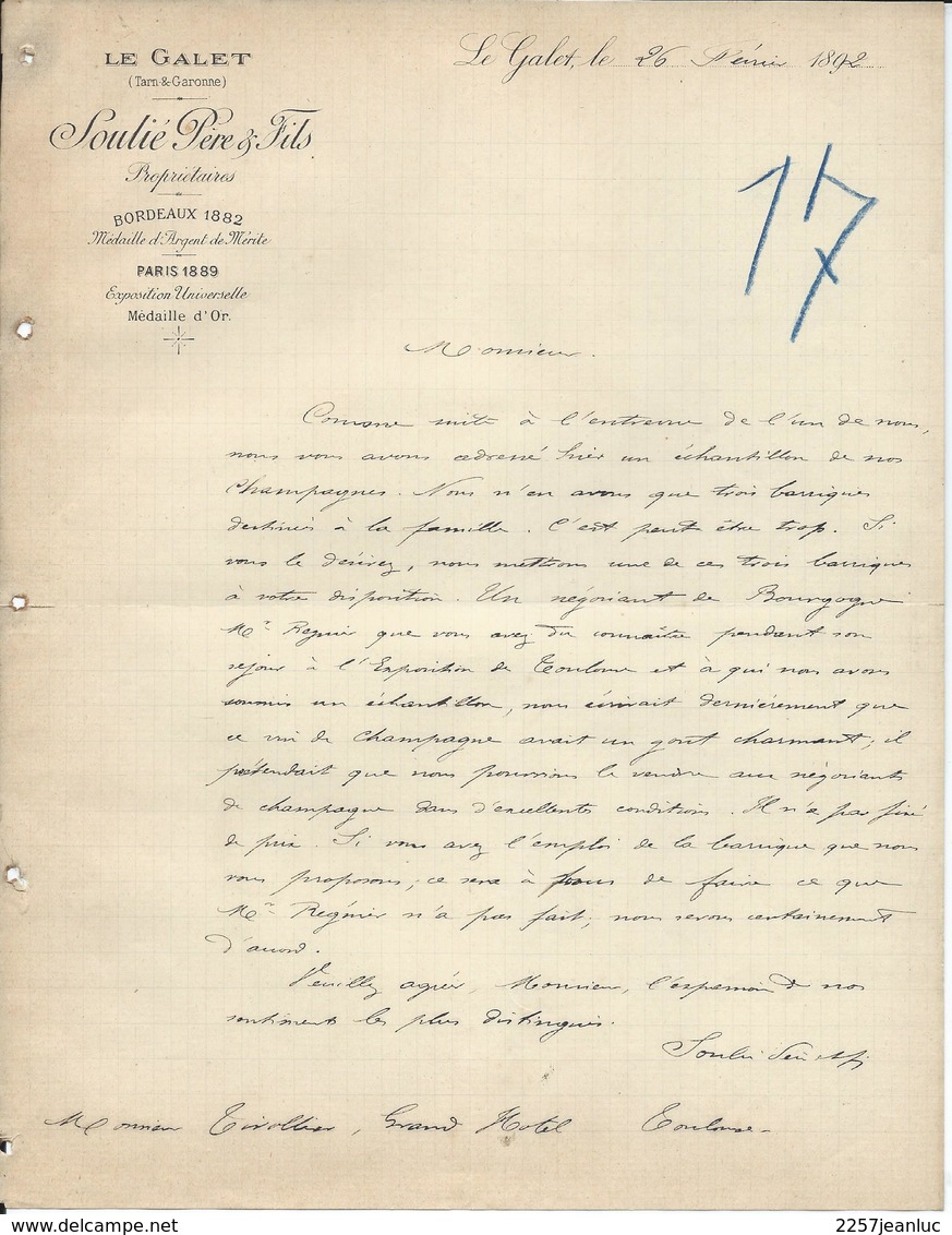 Le Galet  1892  - Entête Sur Lettre Soulié Pére & Fils Propriétaires à Bordeaux - 1800 – 1899