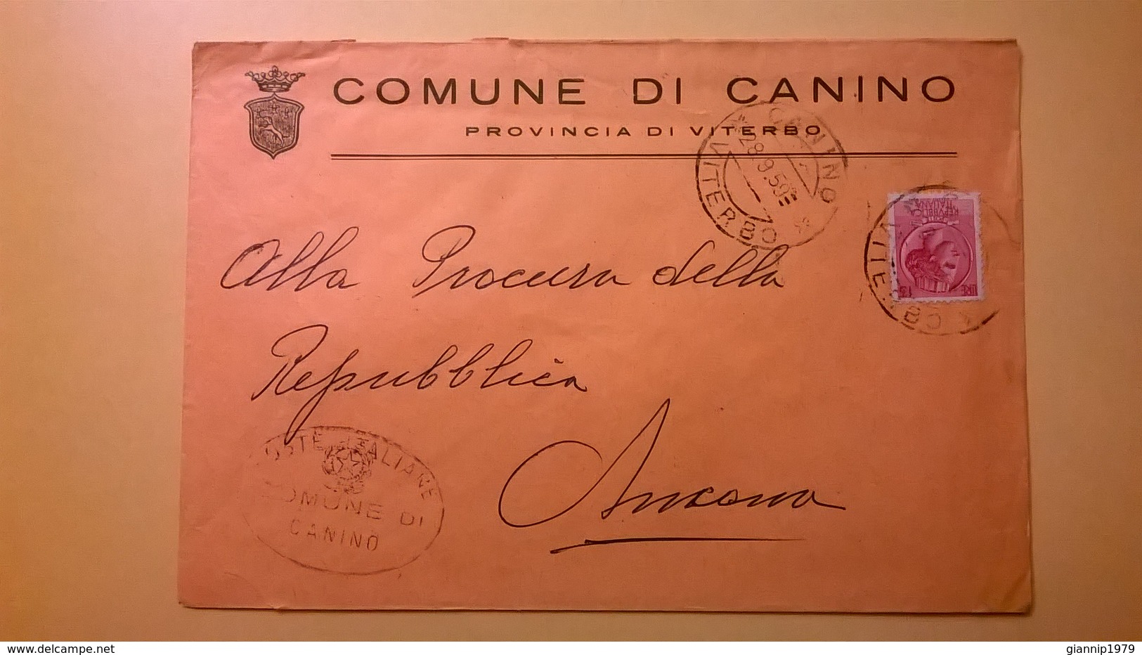 1959 BUSTA COMUNALE TEMATICA COMUNE DI CANINO BOLLI SERIE SIRACUSANA TIMBRO UFFICIALE COMUNE ELITTICO - 1946-60: Storia Postale