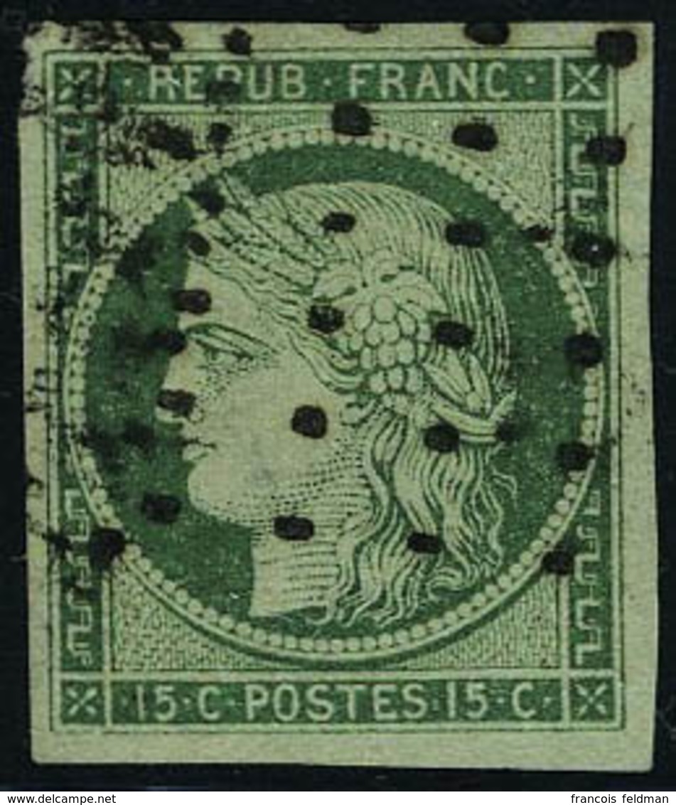 Oblitéré N° 2b, 15c Vert Foncé Obl Gros Points, Grandes Marges, Superbe, Signé Brun - Autres & Non Classés