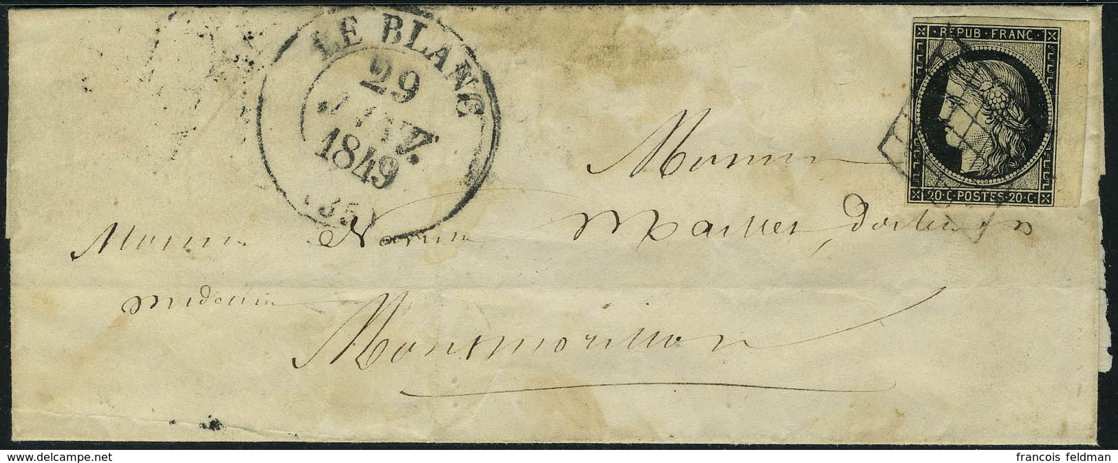 Lettre N° 3, 20c Noir Bdf, Obl Grille Sur L + Cad Type 13 29 Janv. 1849, T.B. - Altri & Non Classificati