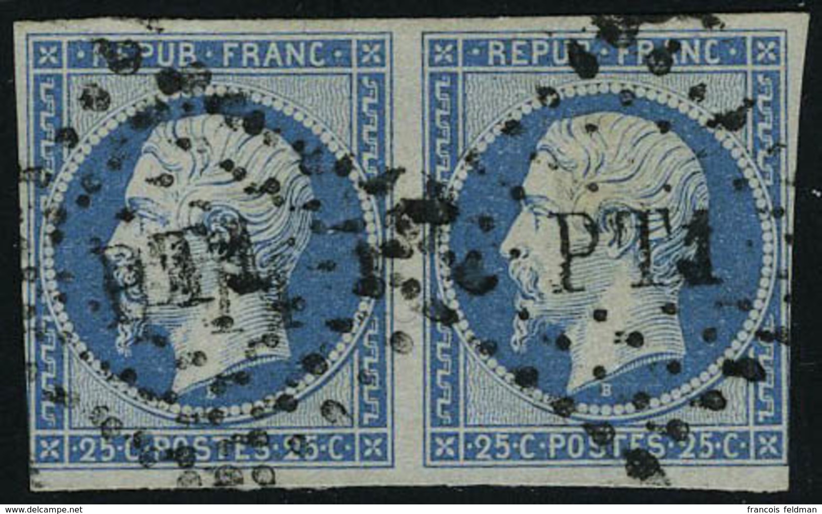 Oblitéré N° 10, 25c Bleu Paire Horizontale Obl PT 1, TB - Other & Unclassified