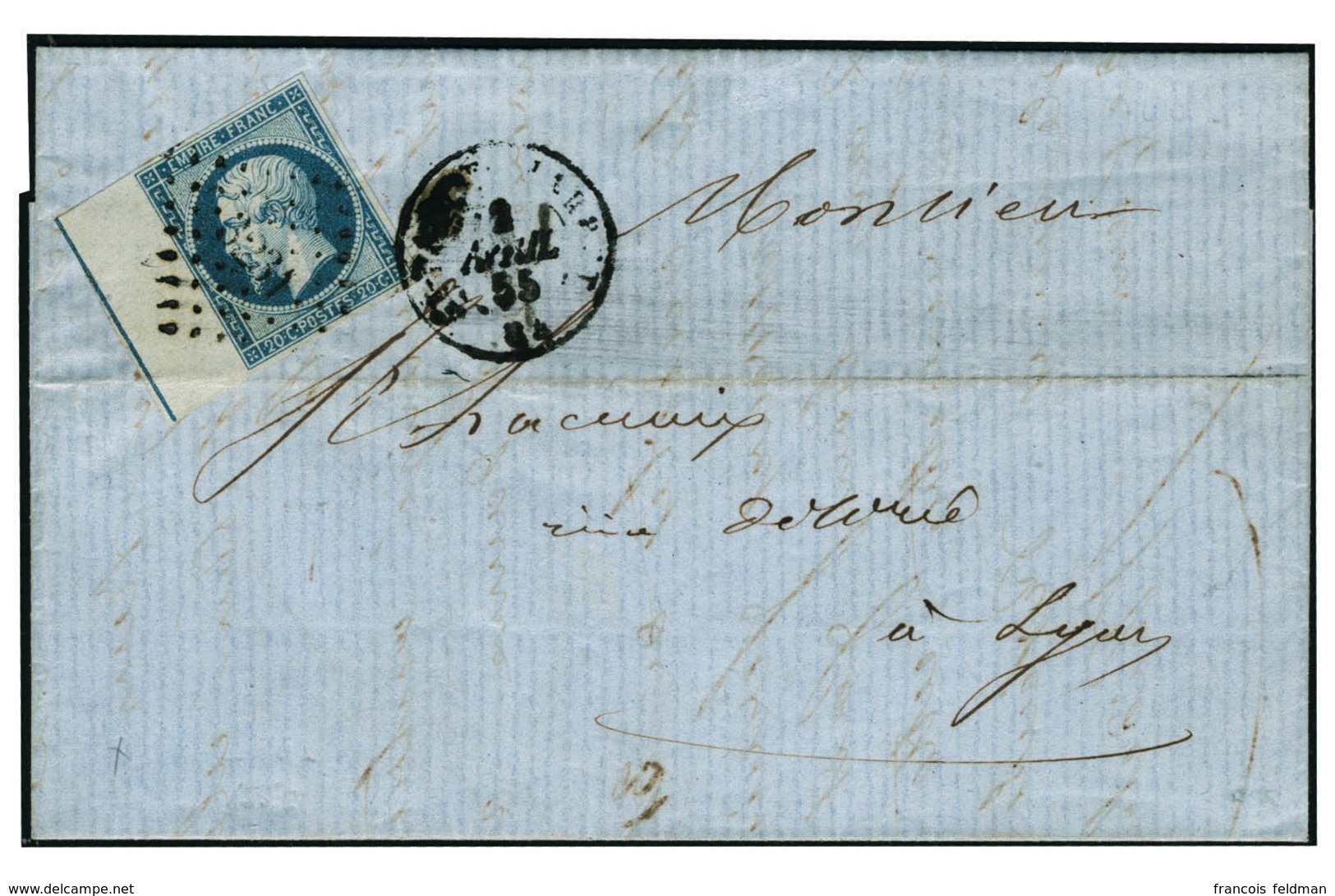 Lettre N°14. 20c Bleu. BdF Avec Filet D'encadrement Oblitéré S/Lettre Pour Lyon. (Pli D'archive S/BdF). T.B. (Cote Maury - Altri & Non Classificati