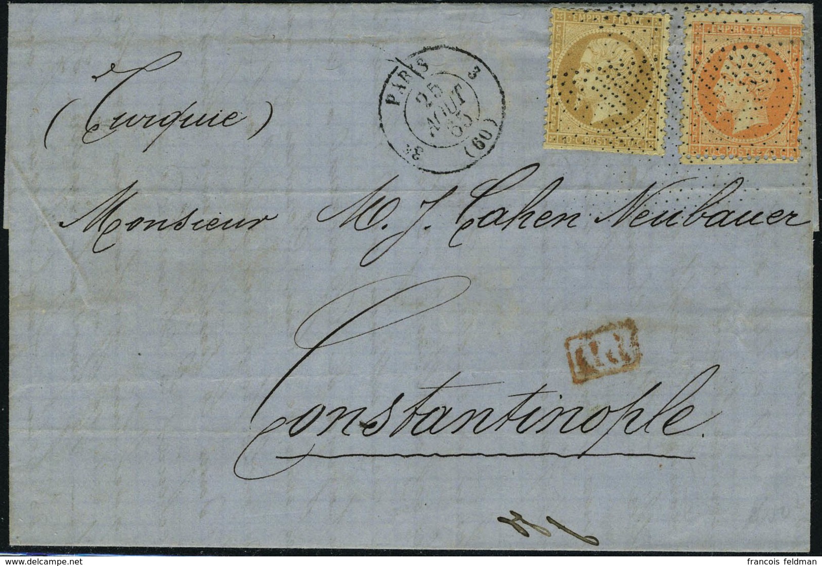 Lettre N° 21 + 24, 10 + 40c Obl Roulette De Pointillés Sur L Paris 25 Août 65 Pour Constantinople, Arrivée Au Verso 2 Se - Other & Unclassified