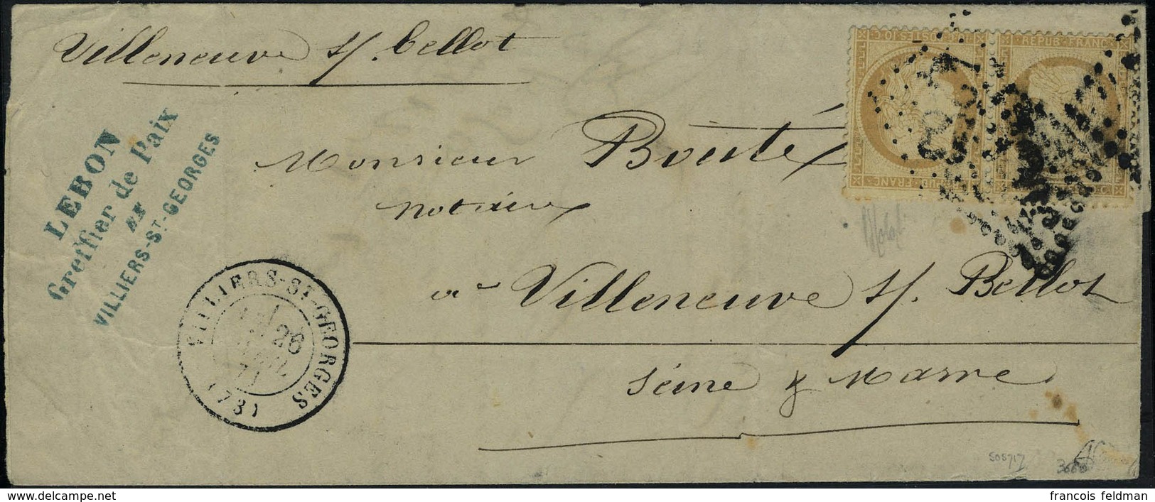 Lettre N° 36b, 10c Bistre Jaune, Paire Horizontale Tête Bêche Sur L Obl Losange + Cad Villiers St Geeorges 26 Avril 71,  - Otros & Sin Clasificación