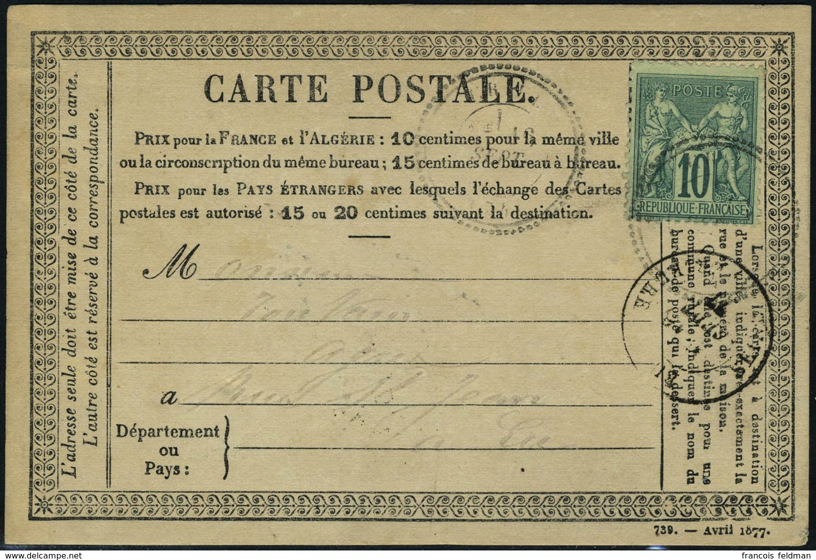 Lettre N° 76, 10c Vert Obl Cachet Perlé Sur Carte Postale Adressée à Eu. T.B. - Sonstige & Ohne Zuordnung