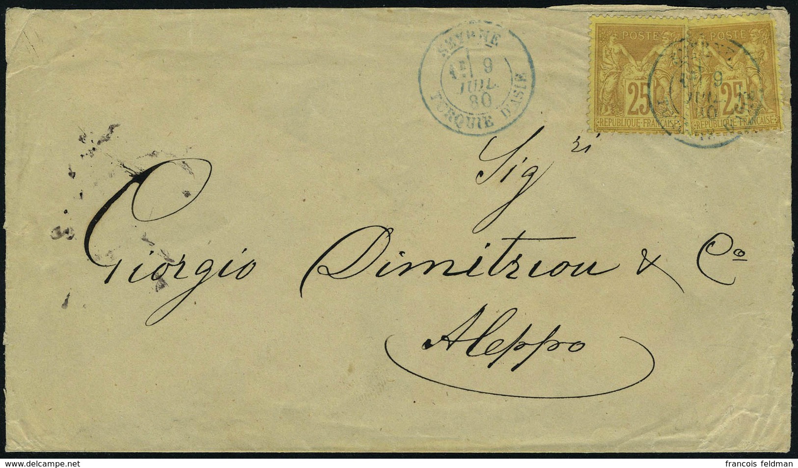 Lettre L. Avec TP De France N° 92 X 2, Càd Smyrne 9 Juil 80, Pour Alep, Au Verso : 4 TP De Turquie émission De 1876/82 O - Altri & Non Classificati