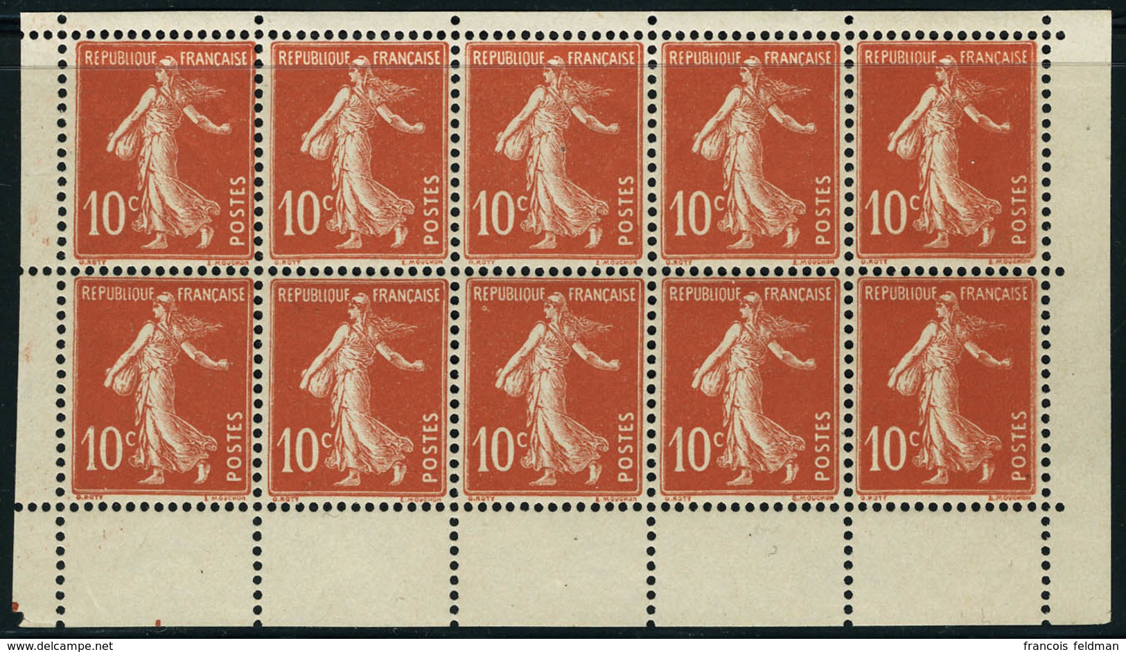 Neuf Sans Charnière N° 138e, 10c Rouge Semeuse, Type IC, Bloc De 10 Issu De Carnet Avec Bords Blancs, Gomme Altérée, Asp - Sonstige & Ohne Zuordnung