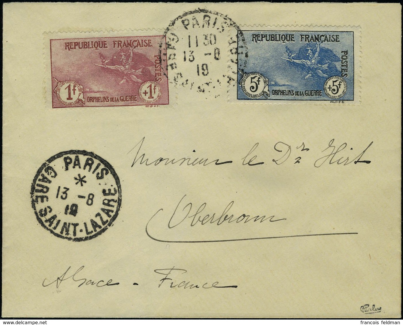 Lettre N° 148/55, La 1ère Série Orphelins Obl Paris 13.8.19 Sur 3 L TB (50c + 50c Pd) Signé Calves - Sonstige & Ohne Zuordnung
