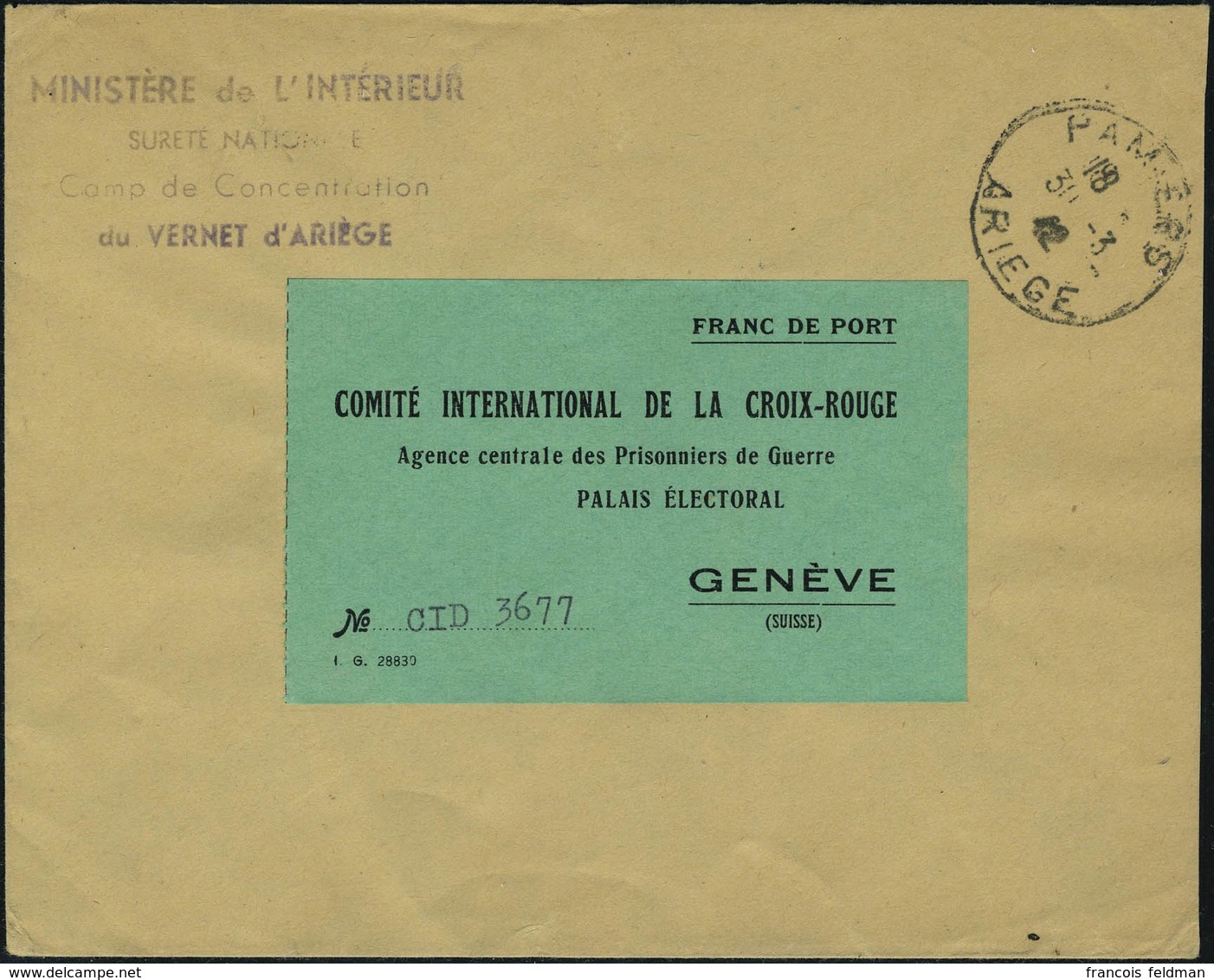 Lettre N° 7A, L Non Affranchie Càd Pamiers 30.3.42, Cachet Du Camp De Concentration De Vernet D'Ariège, étiquette Vert F - Autres & Non Classés