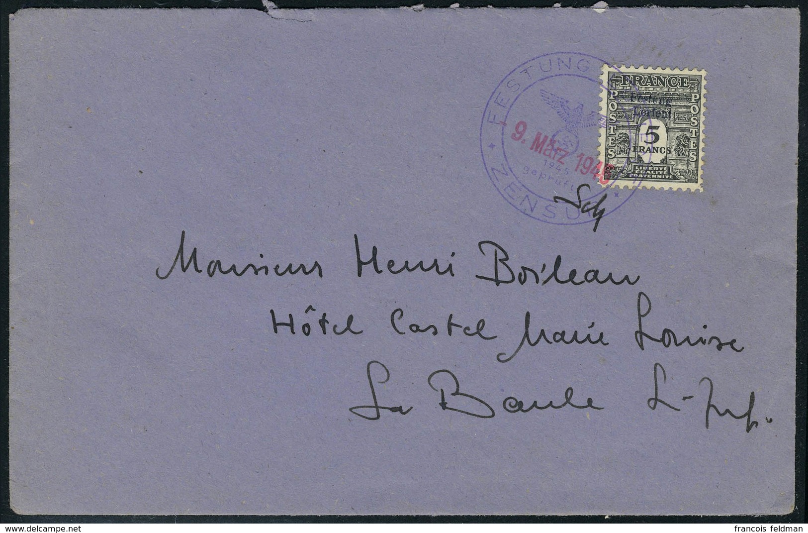 Lettre 5f Arc De Triomphe Surchargé Festung Lorient Sur L Obl 9 Mars 1945 Pour La Baule, Cachet D 'arrivée Au Verso, Sup - Autres & Non Classés