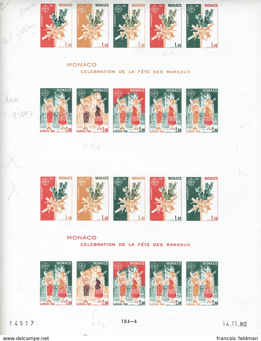 Neuf Sans Charnière Le Bloc Monaco 1981 En Essais De Couleurs. Non Dentelé. Les Premiers Timbres à Gauche Du 1f40 Et Du  - Altri & Non Classificati