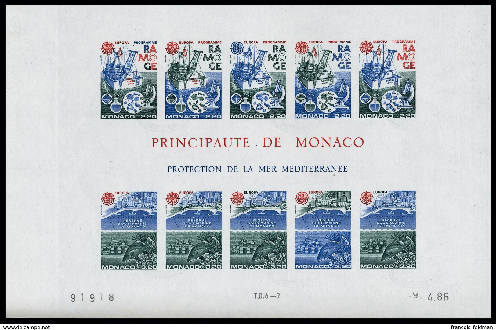 Neuf Sans Charnière Le Bloc Monaco 1986, ND, Essai De Couleurs, CD, Les Timbres à Gauche De Chaque Valeur En Vert Foncé, - Altri & Non Classificati