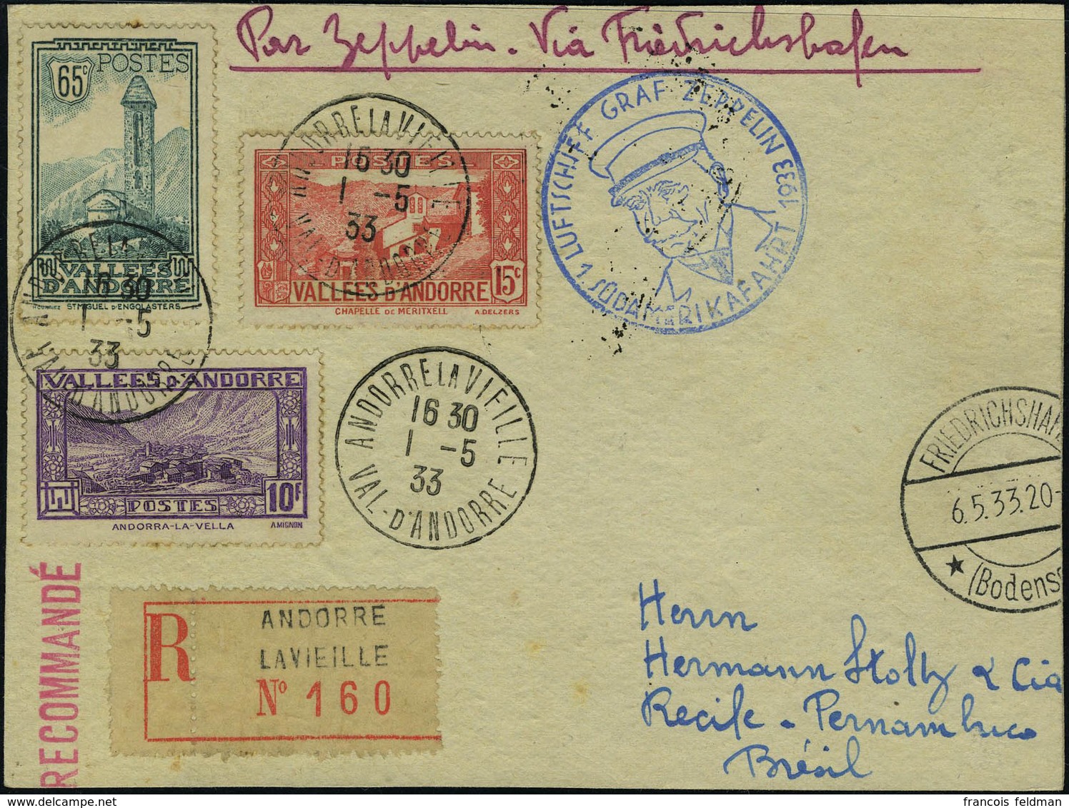 Lettre Zeppelin 1 SAF 1933, CP Illustrée Recomm. Càd Andorre La Vieille 1.5.33, Cachet Bleu Du Vol, Càd De Transit Fried - Altri & Non Classificati