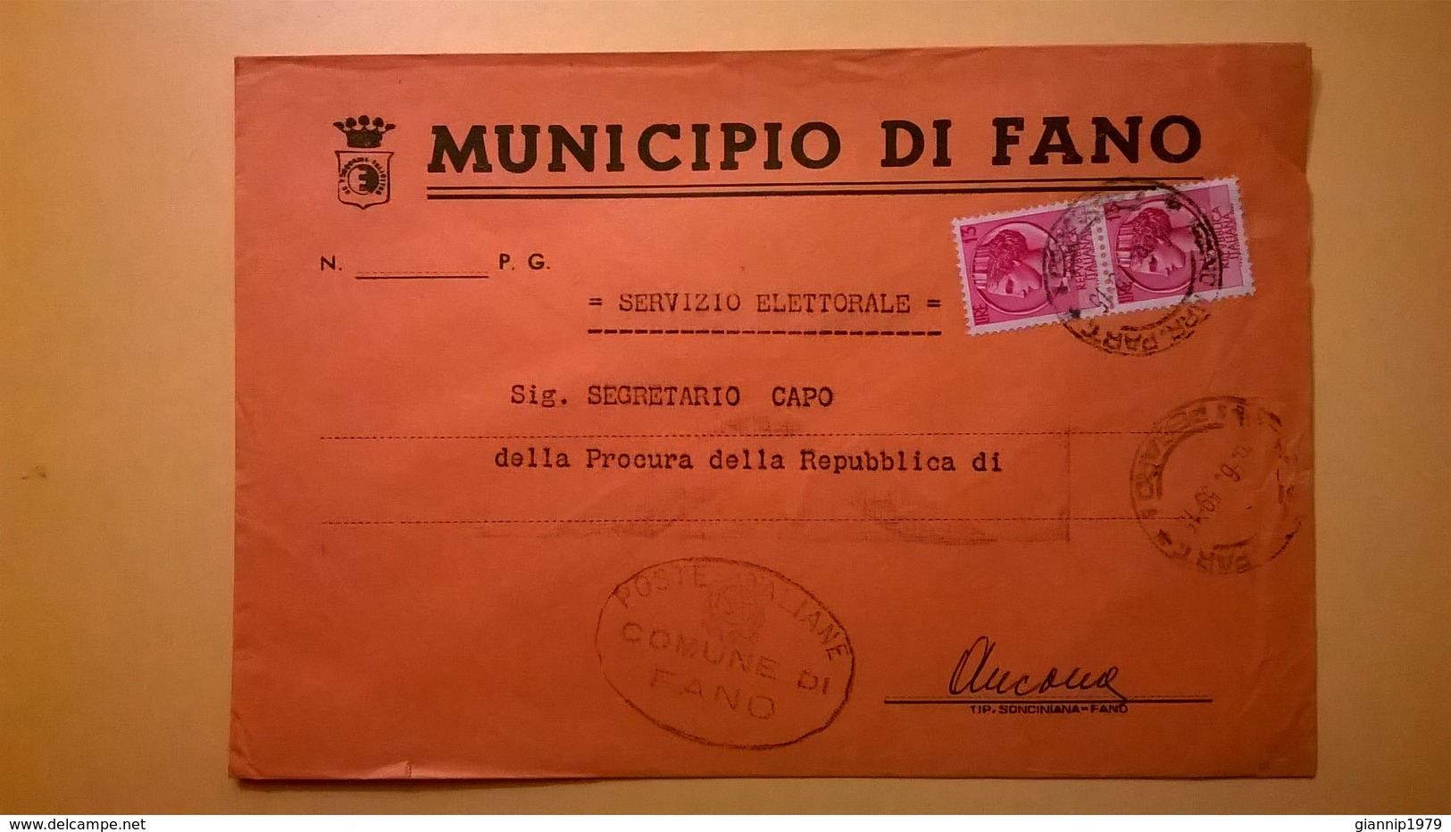 1959 BUSTA COMUNALE TEMATICA COMUNE DI FANO BOLLI SERIE SIRACUSANA TIMBRO UFFICIALE COMUNE ELITTICO - 1946-60: Storia Postale