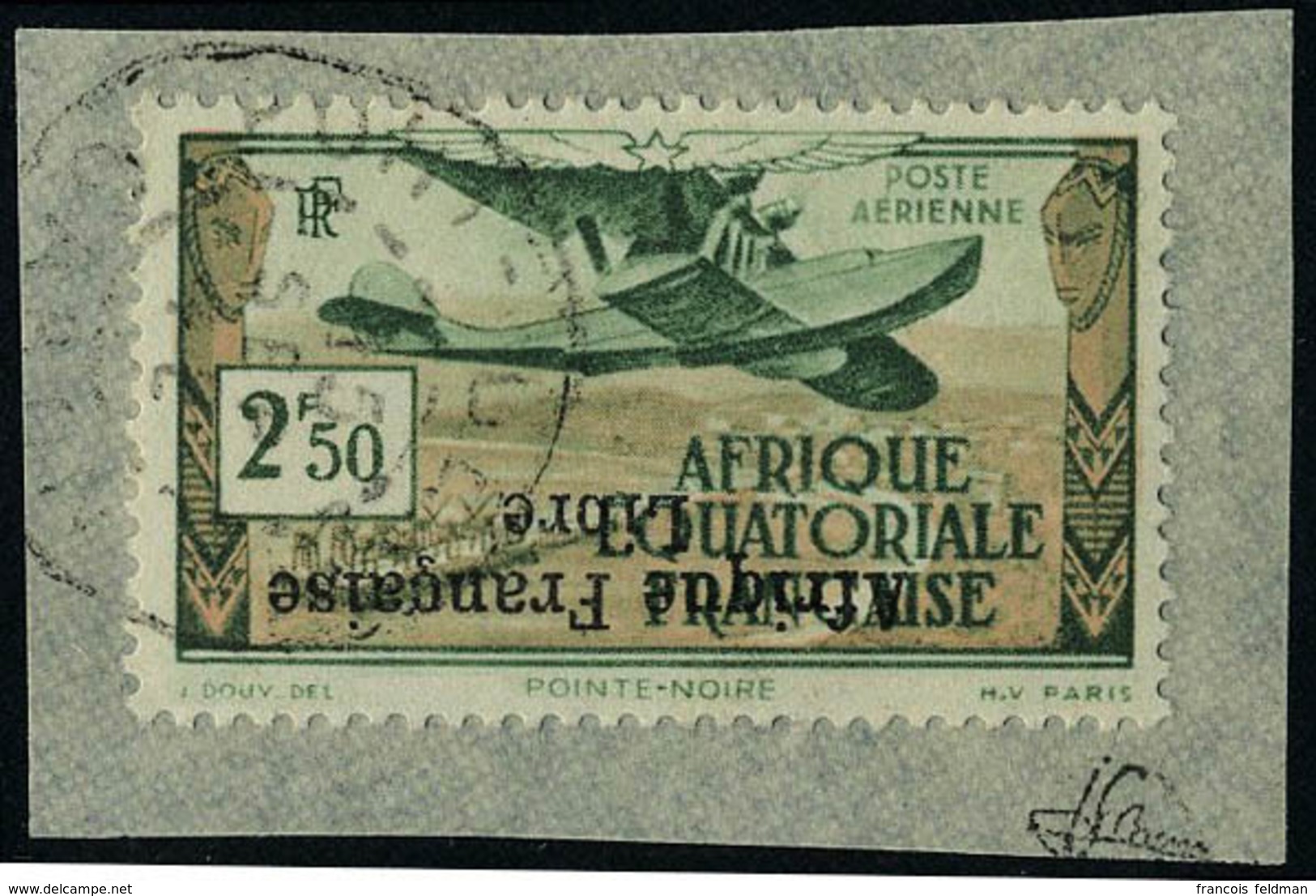 Fragment N° 15a, 2f50 Afrique Française Libre, Surcharge Renversée, Obl Sur Petit Fragment, T.B. Signé JF Brun - Altri & Non Classificati