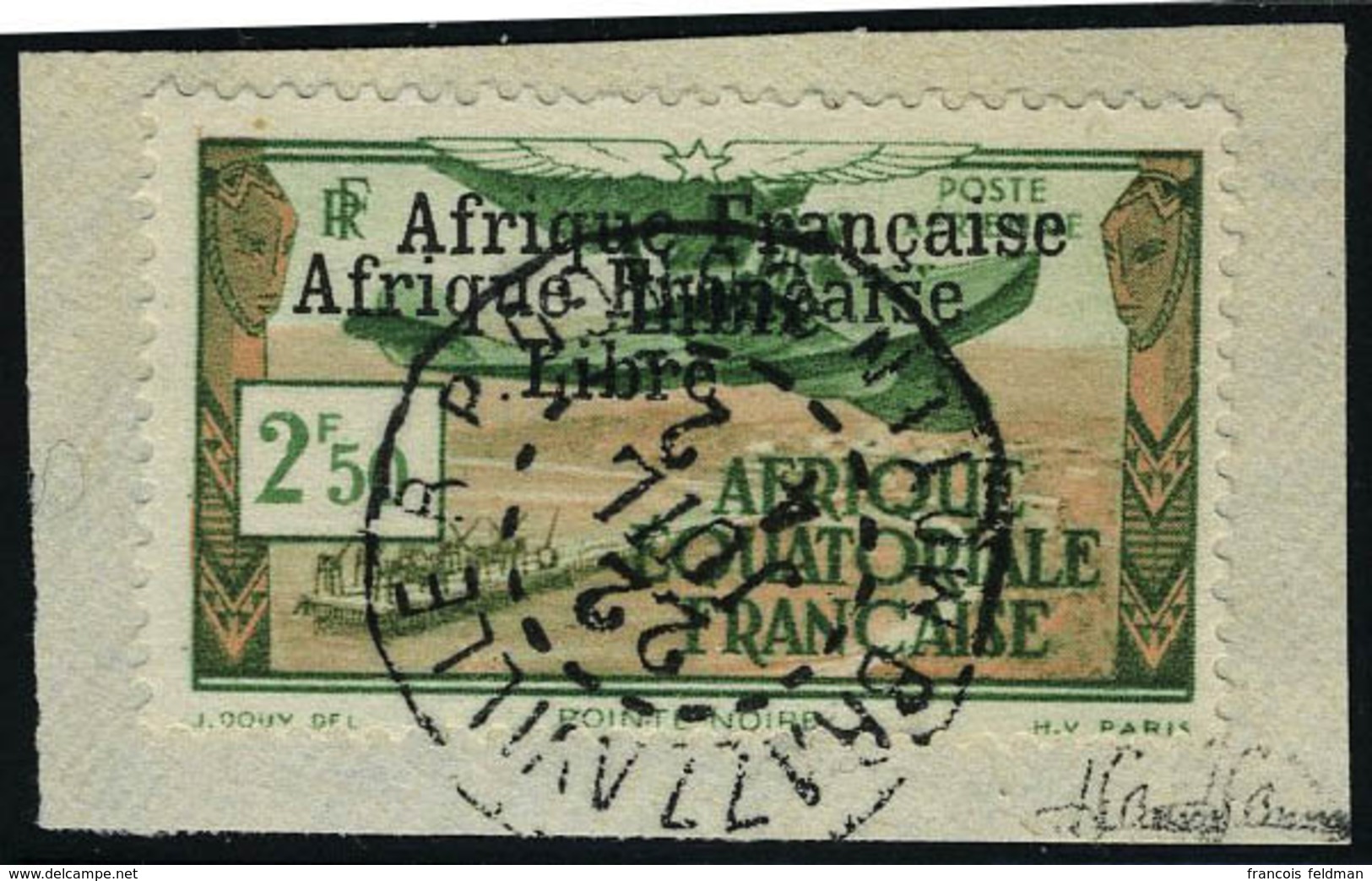 Fragment N° 15b, 2f50Afrique Française Libre  Double Surcharge, Obl Sur Petit Frgt  T.B. Signé JF Brun - Altri & Non Classificati