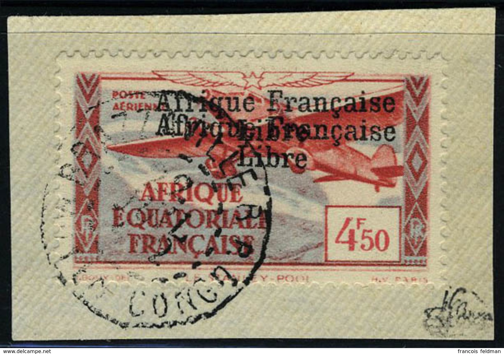 Fragment N° 17a, 4f50 Afrique Française Libre Double Surcharge, Obl Sur Petit Frgt  T.B. Signé JF Brun - Altri & Non Classificati