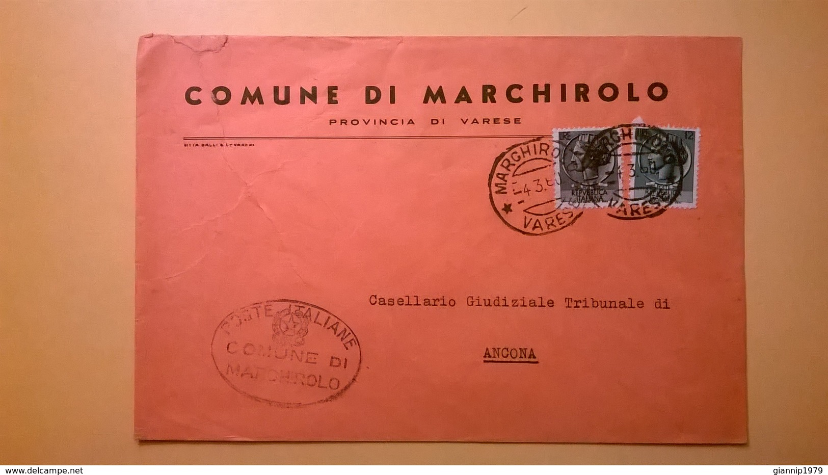 1960 BUSTA COMUNALE TEMATICA COMUNE DI MARCHIROLO BOLLI SERIE SIRACUSANA TIMBRO UFFICIALE COMUNE ELITTICO - 1946-60: Storia Postale