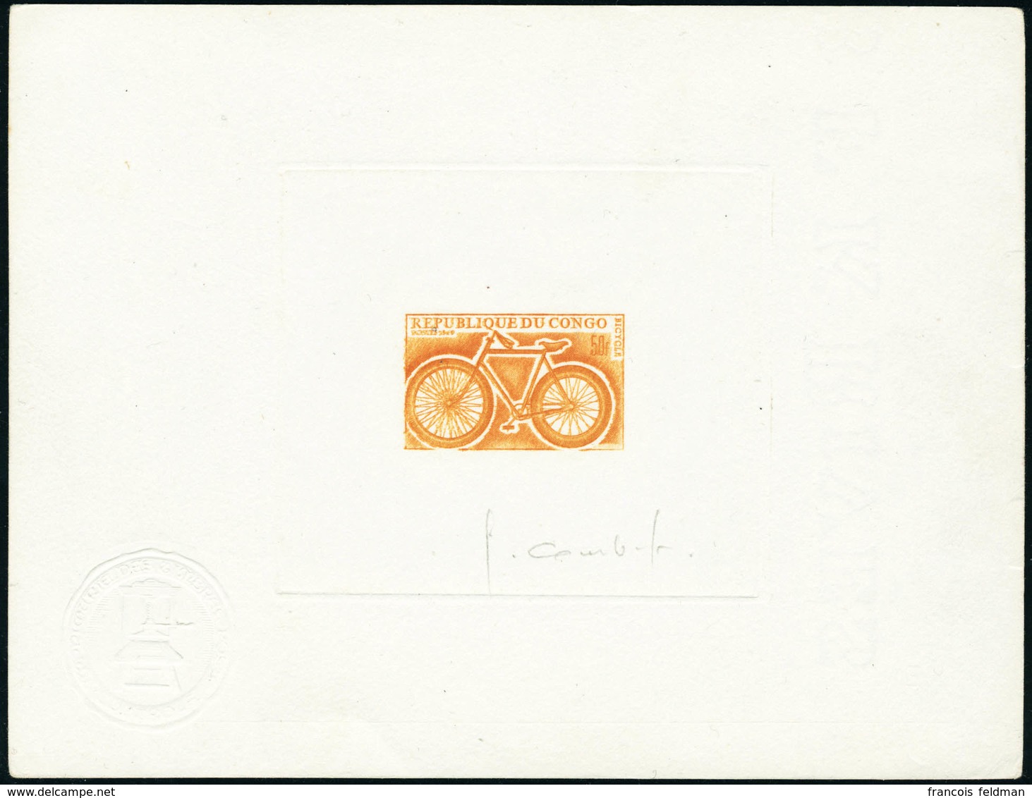 N°229. 50f Bicycle. Epreuve D'artiste En Orange, Signée Avec Cachet à Sec. T.B. - Altri & Non Classificati