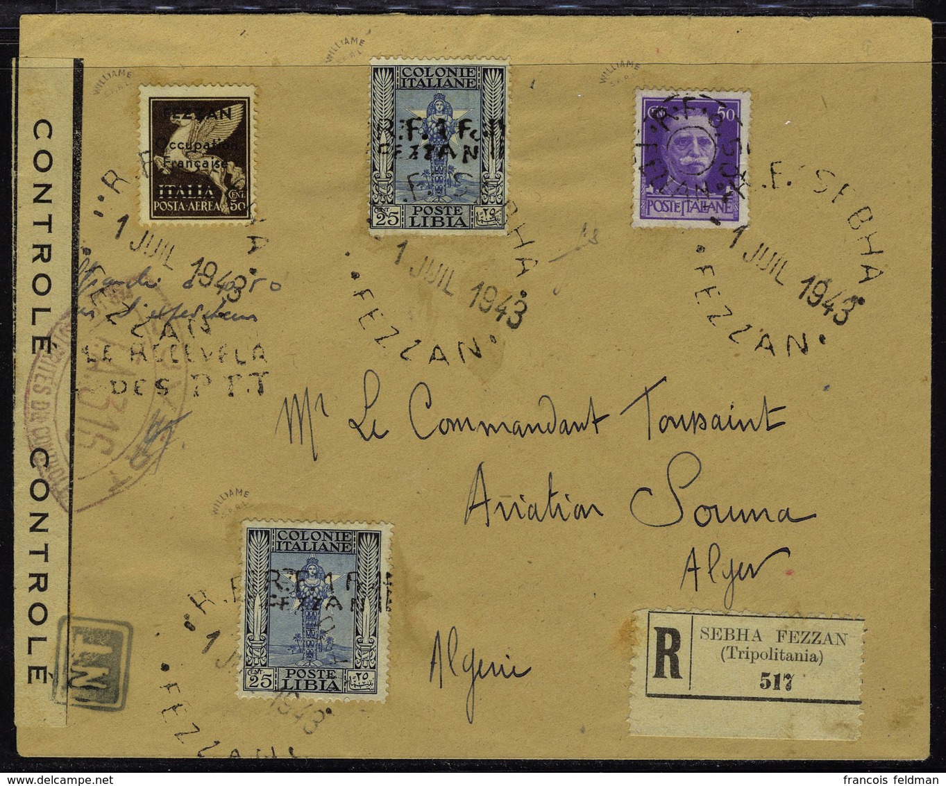 Lettre N° 18, 19 X 2 +  PA N° 1 Sur LR De Sebha 1 Juil 1943, Pour Alger, Arrivée Le 8.7.43, Bande Et Cachets De Contrôle - Sonstige & Ohne Zuordnung