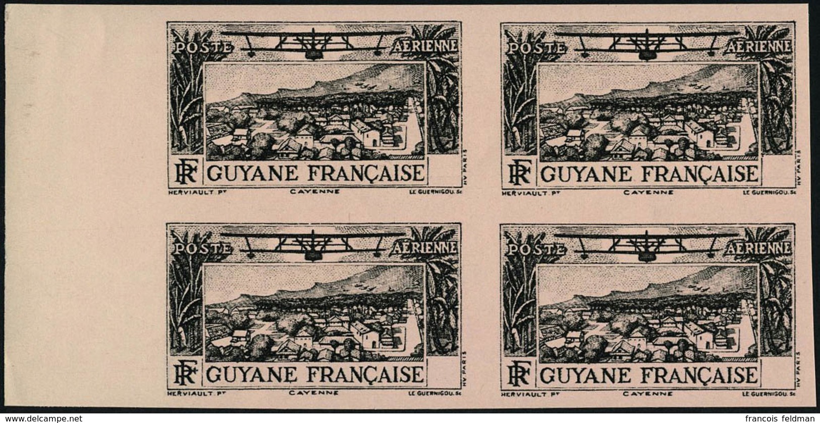 Neuf Sans Charnière N° Type Vue De Cayenne, Essai ND Sans Valeur Faciale, Noir Sur Rose, Bloc De 4 Bdf, Superbe. Maury   - Altri & Non Classificati