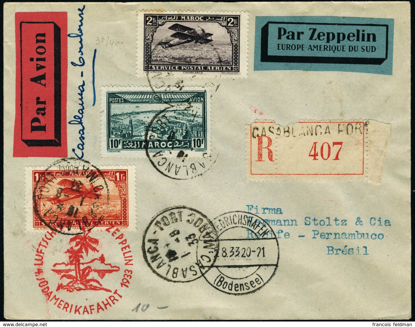 Lettre Zeppelin. 4ème SAF 1933. L.R. De Casablanca (1.8.33). CàD De Transit Friedrischshafen 5.8.33, Pour Récife-Pernamb - Altri & Non Classificati