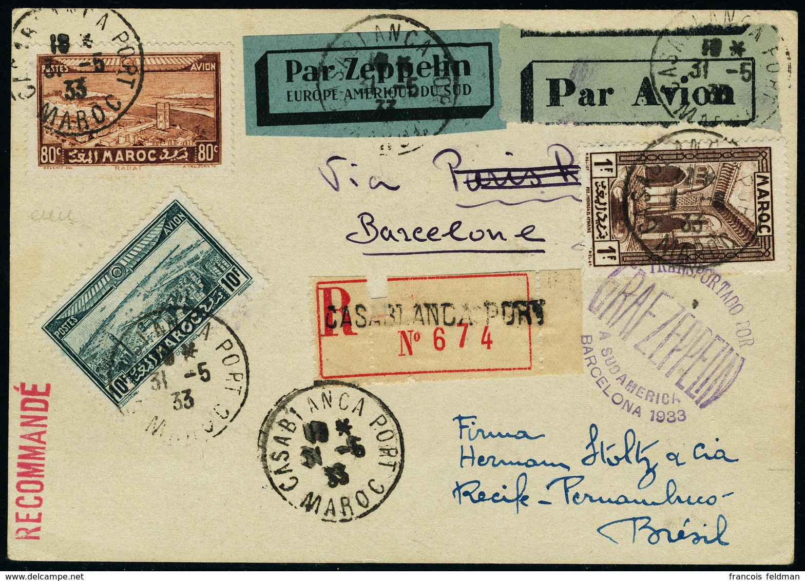 Lettre Zeppelin  A Sud America Barcelona 1933. CP Recommandée De Casablanca 31.5.33 Pour Recife Pernambuco, Au Verso Càd - Andere & Zonder Classificatie