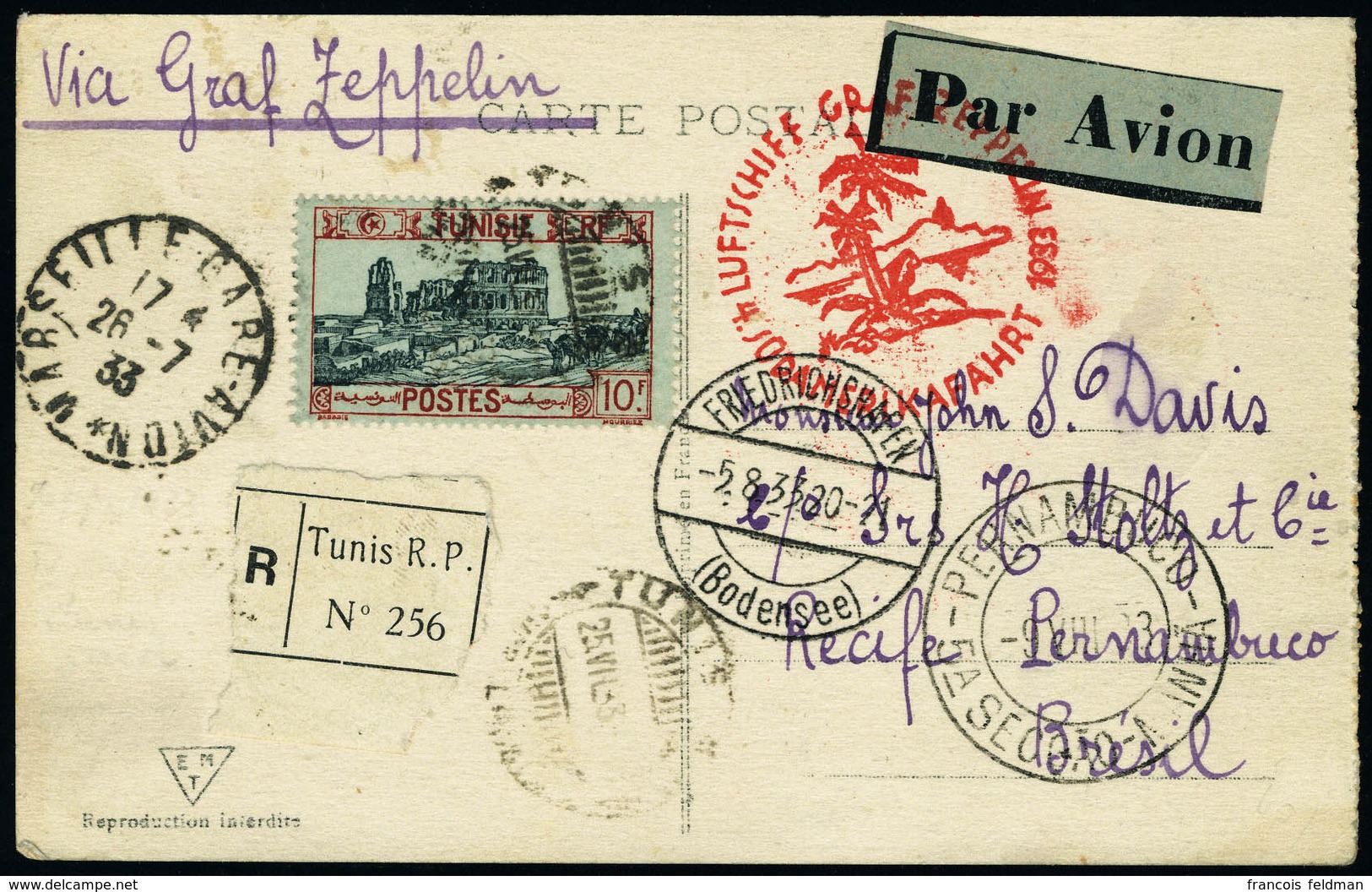 Lettre Zeppelin 4 SAF 1933, CP Rec. Càd Tunis 25 VII 33, Càd De Transit Marseille 26.7.33 Et Friedrichshafen 5.8.33 Pour - Altri & Non Classificati