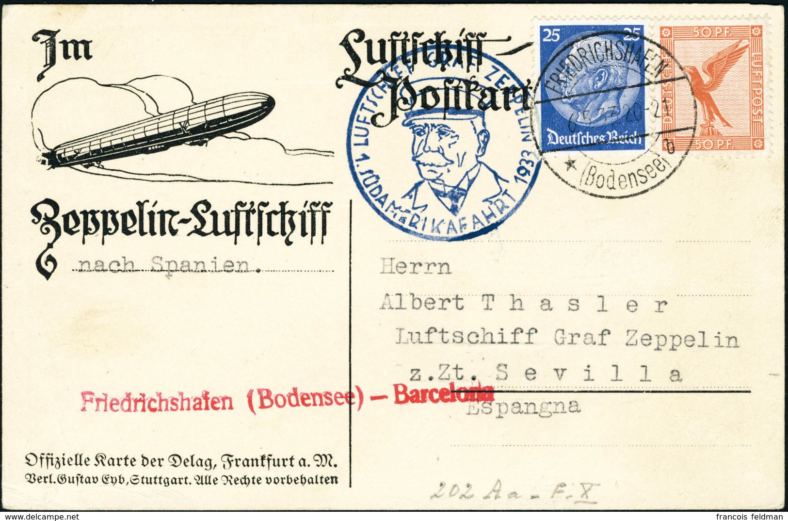 Lettre Zeppelin 1er SAF 1933. C.P. Illustrée (Hambourg) Avec Repiquage Imprimé Zeppelin-Luftschiff... Officielle Karte.. - Altri & Non Classificati
