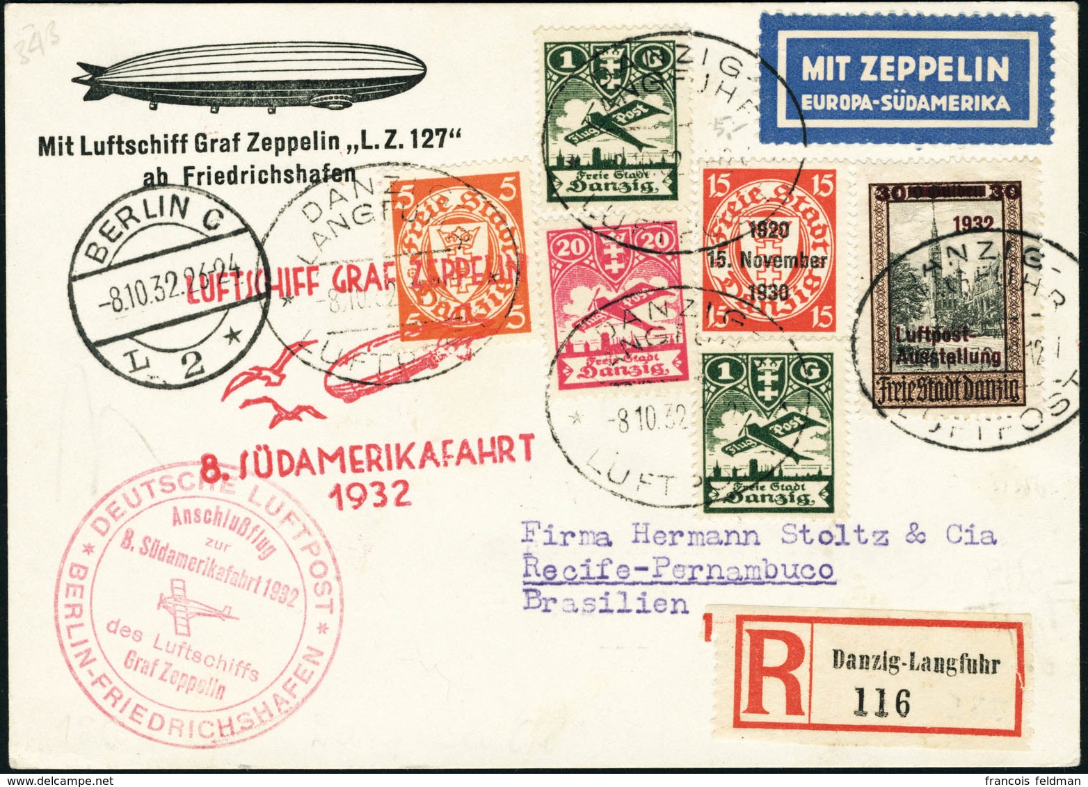 Lettre N°29 + Complément D'affranchissement Sur C.P. Recommandée Du 8.10.32. Zeppelin 8è SAF 1932. CàD De Transit Berlin - Andere & Zonder Classificatie