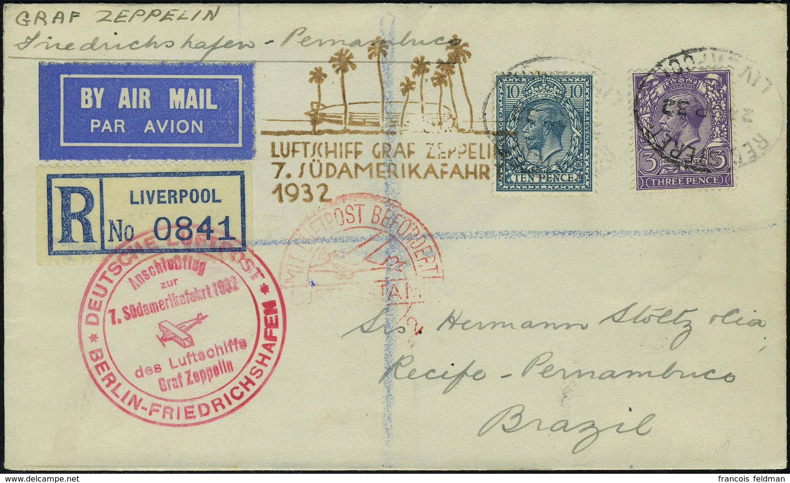 Lettre Zeppelin 7 SAF 1932 Pour Récife Pernambuco, Càd De Transit Berlin 25.9.32, Arrivée Pernambuco 29.IX.32, T.B. - Altri & Non Classificati