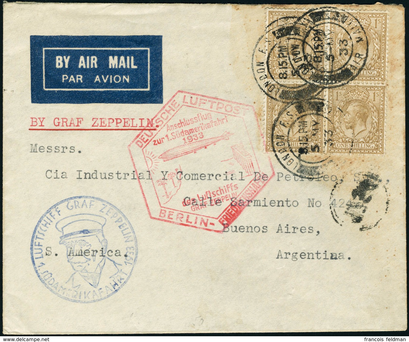 Lettre Zeppelin. 1er SAF 1933. Lettre By Air Mail. CàD London 5 My 33. Cachet Illustré ...Berlin-Friedrichshafen, Pour B - Altri & Non Classificati