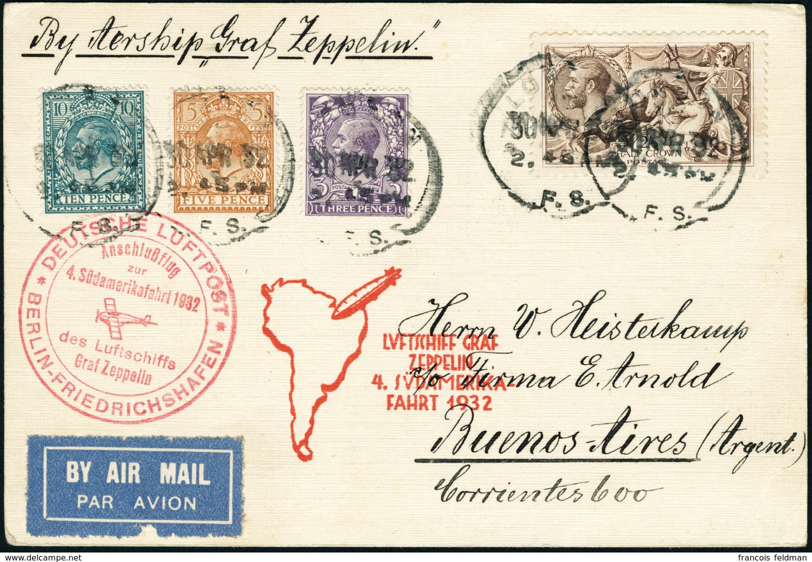 Lettre Zeppelin 4è SAF 1932. C.P. Avec CàD 30 Apr 32, Pour Buenos-Aires. Cachet Illustré Berlin-Friedrichshafen..... Arr - Sonstige & Ohne Zuordnung