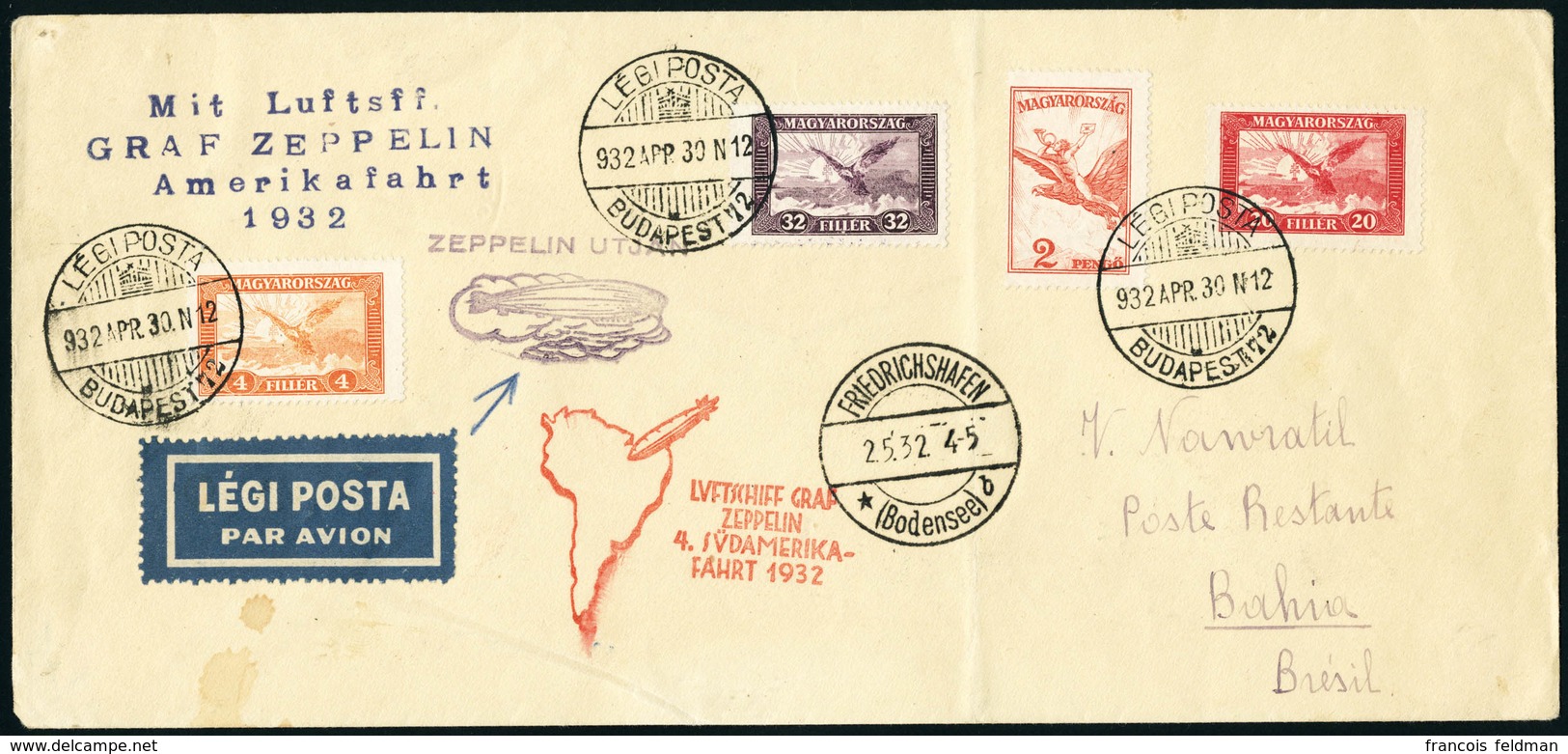 Lettre N°12, 15, 16 Et 22 Sur Lettre. CàD Budapest 932 App. 30. Zeppelin 4è SAF 1932, Pour Bahia (Brésil). CàD De Transi - Altri & Non Classificati