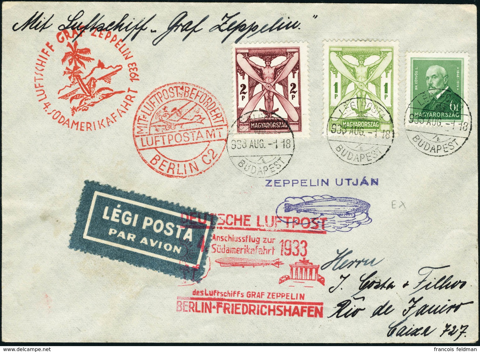 Lettre Zeppelin 4è SAF 1933. Lettre CàD Budapest 93.3 Aug, Pour Rio De Janeiro. Au Verso Cachet ...via Condor-Zeppelin.. - Altri & Non Classificati