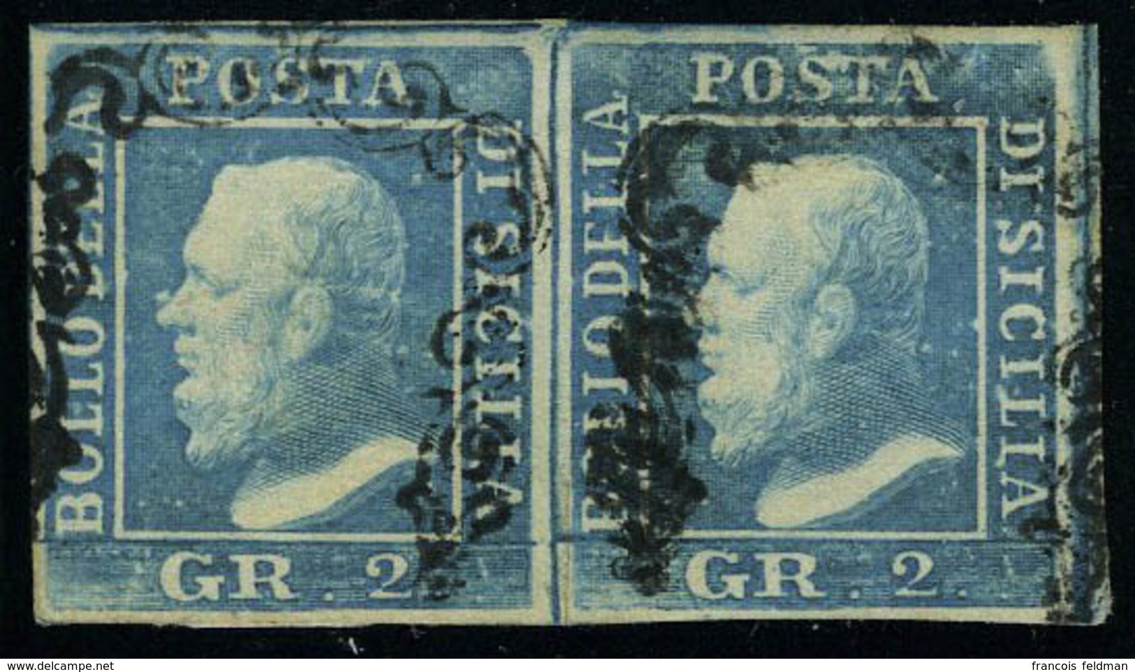 Oblitéré N° 20, 2gr Bleu, Paire Hor., Planche II, Position 64-65, Sassone 7, Signé Diéna - Altri & Non Classificati