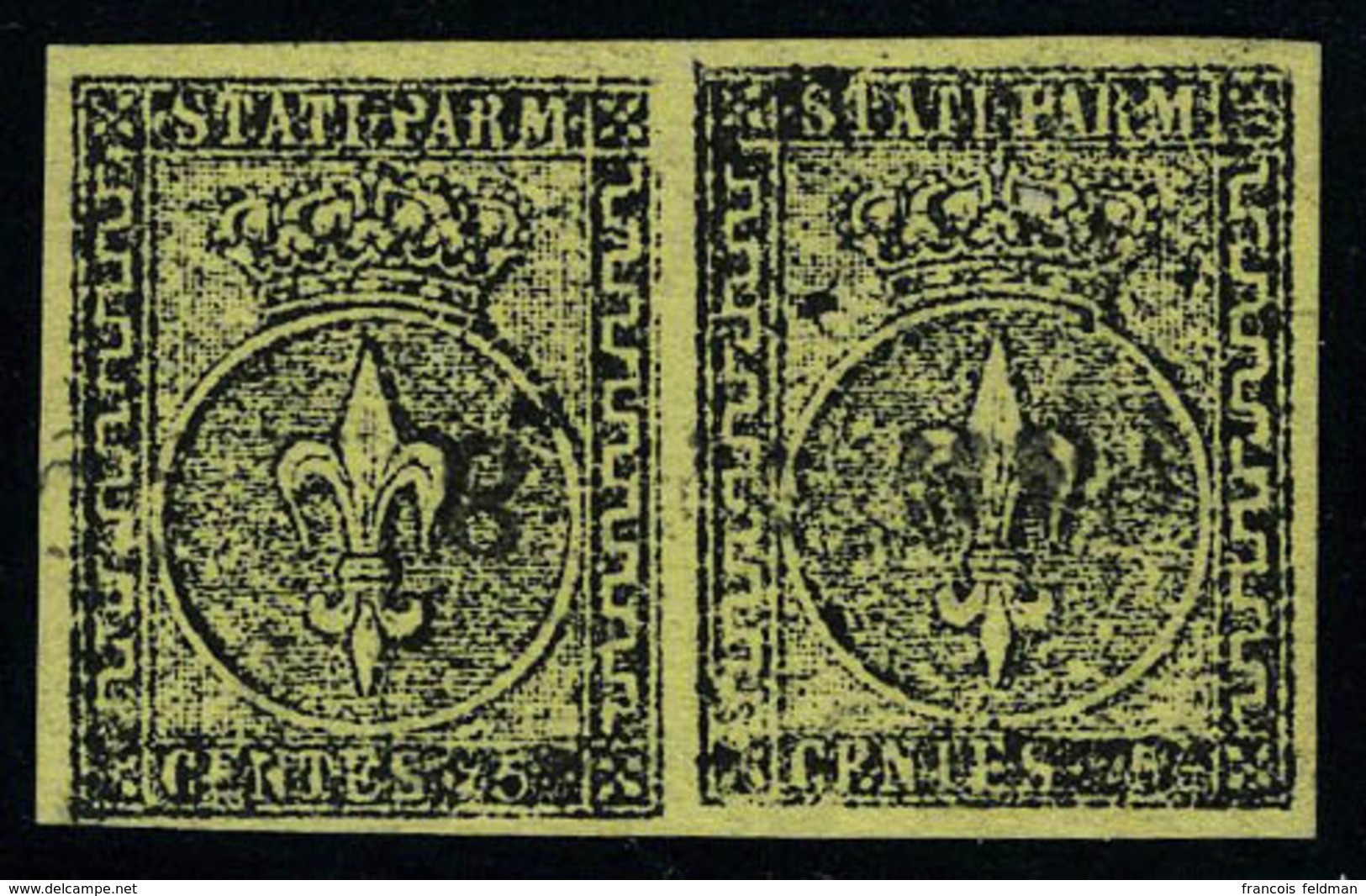 Oblitéré N° 1, 5c Jaune, Paire Hor. Superbe Signé Fiécchi, Sassone 1 : 500 € - Altri & Non Classificati