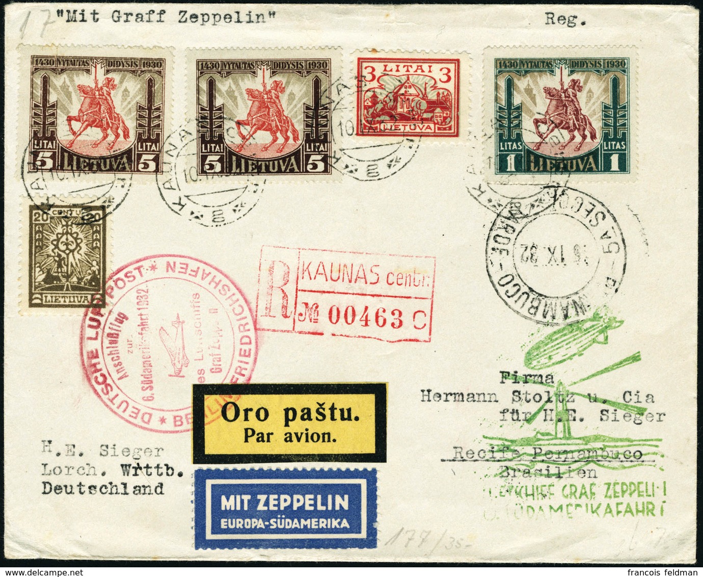 Lettre ZEPPELIN 6ème S.A.F. 1932. L.R. De Kaunas (10.IX.32), Pour Recife-Pernambuco. Au Verso CàD De Transit De Berlin ( - Other & Unclassified