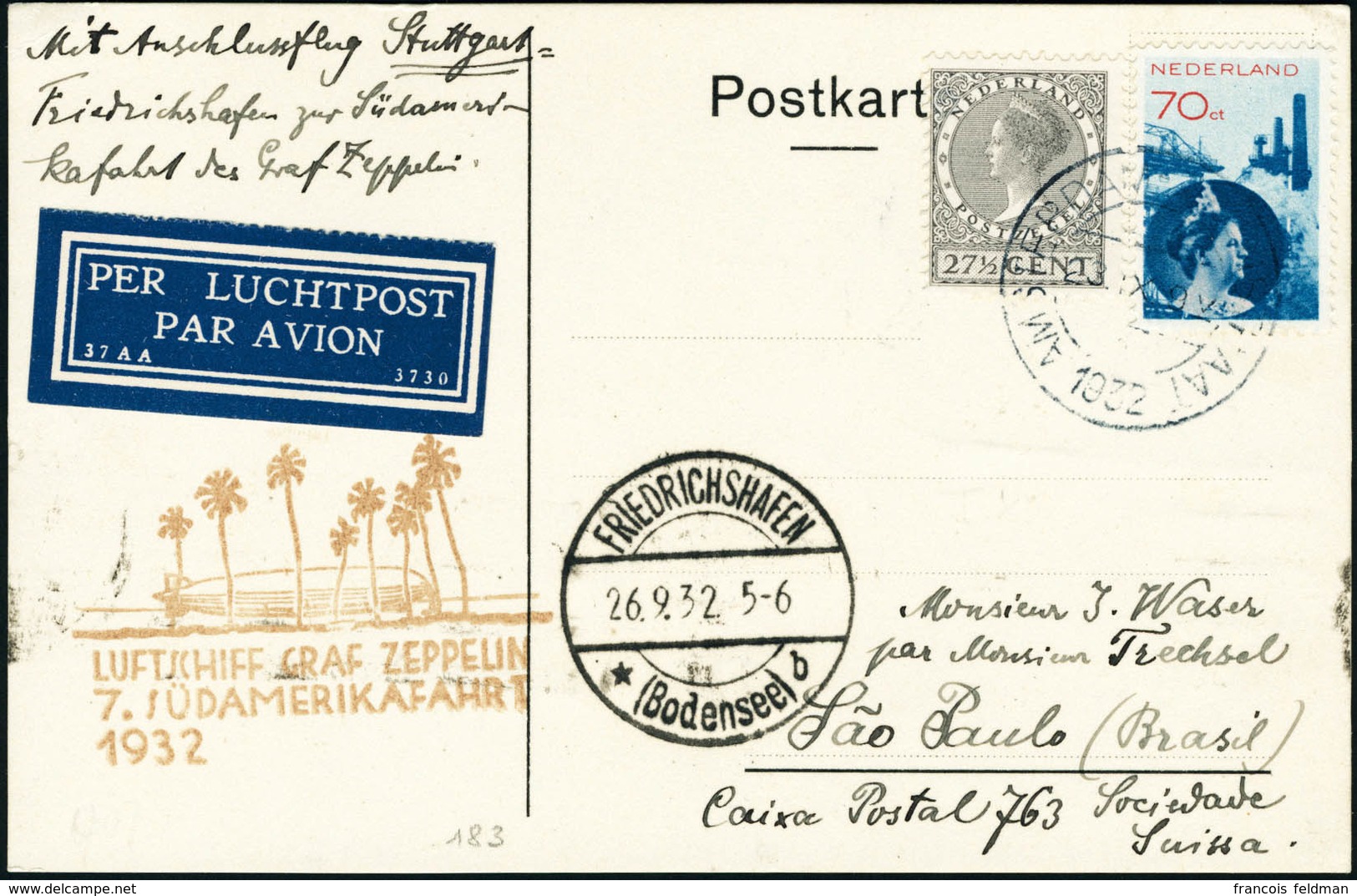 Lettre Zeppelin 7è SAF 1932. C.P. Non Illustrée. CàD Amsterdam 23.IX.1932, Pour Sao-Paulo. CàD De Transit Friedrichshafe - Altri & Non Classificati