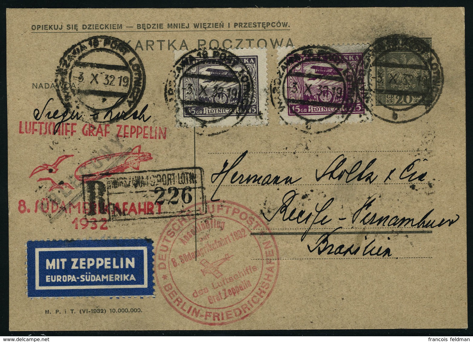 Lettre Zeppelin 8 SAF 1932, Pour Le Brésil, T.B. Aff. Recto Verso - Sonstige & Ohne Zuordnung