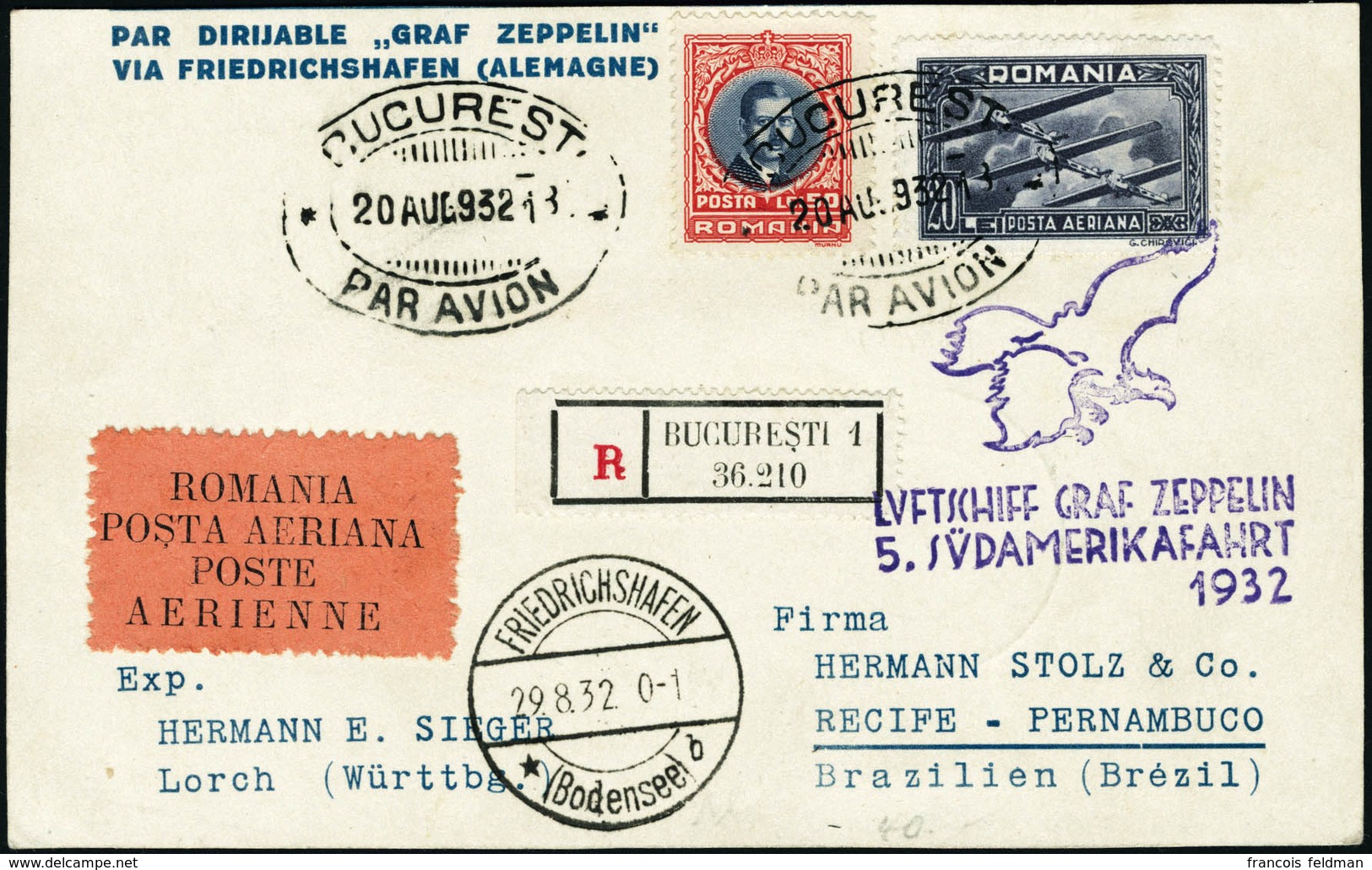 Lettre Zeppelin 5 SAF 1932. CP Non Illustrée Recommandée De Bucuresti (20 Aug 932). Pour Recife-Pernambuco, CàD De Trans - Altri & Non Classificati