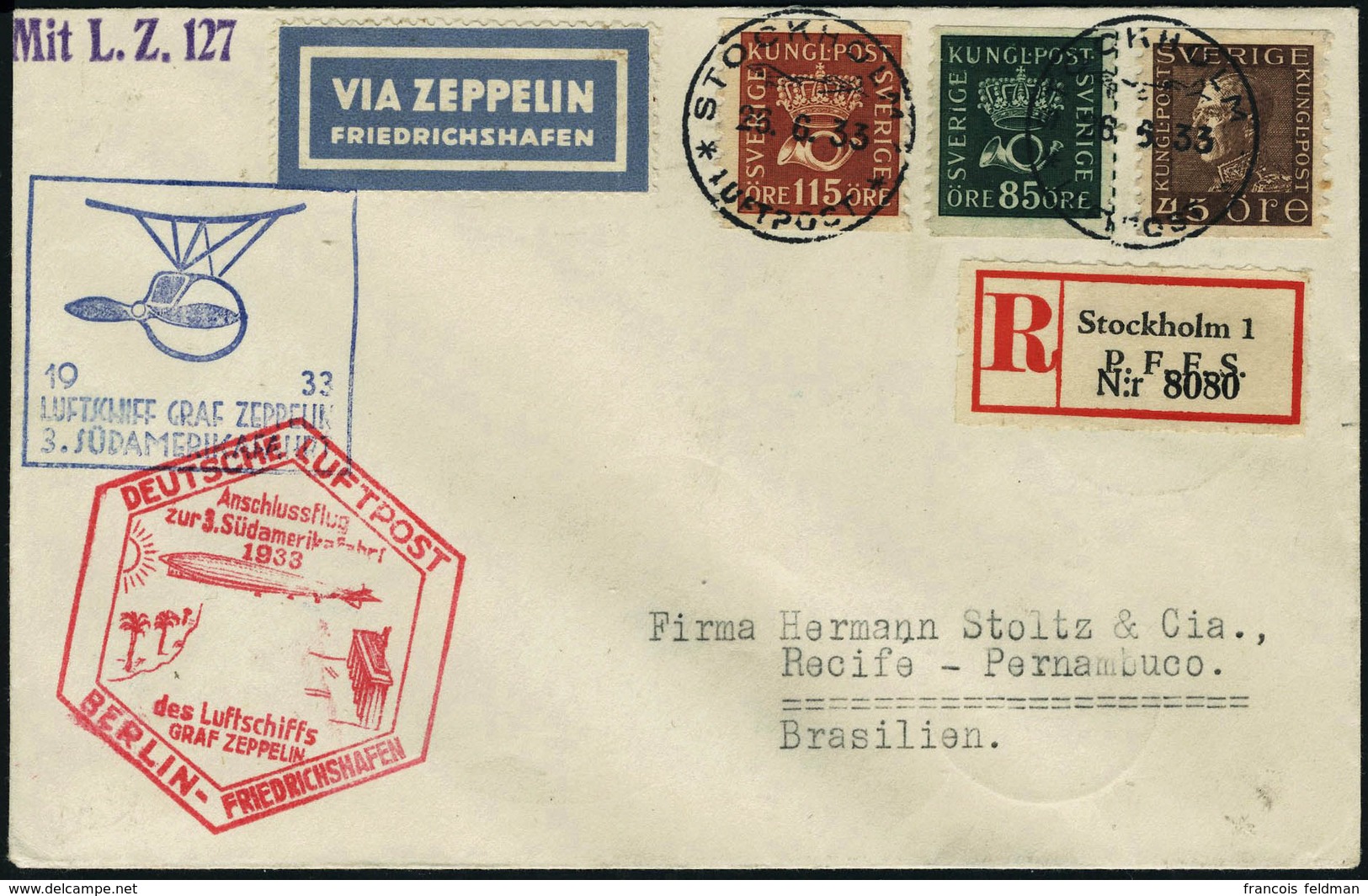 Lettre Zeppelin 3è SAF 1933, LR De Stockholm 26.6.33, Cachet Illustré Berlin-Friedrichshafen, Au Verso Càd De Transit Be - Altri & Non Classificati